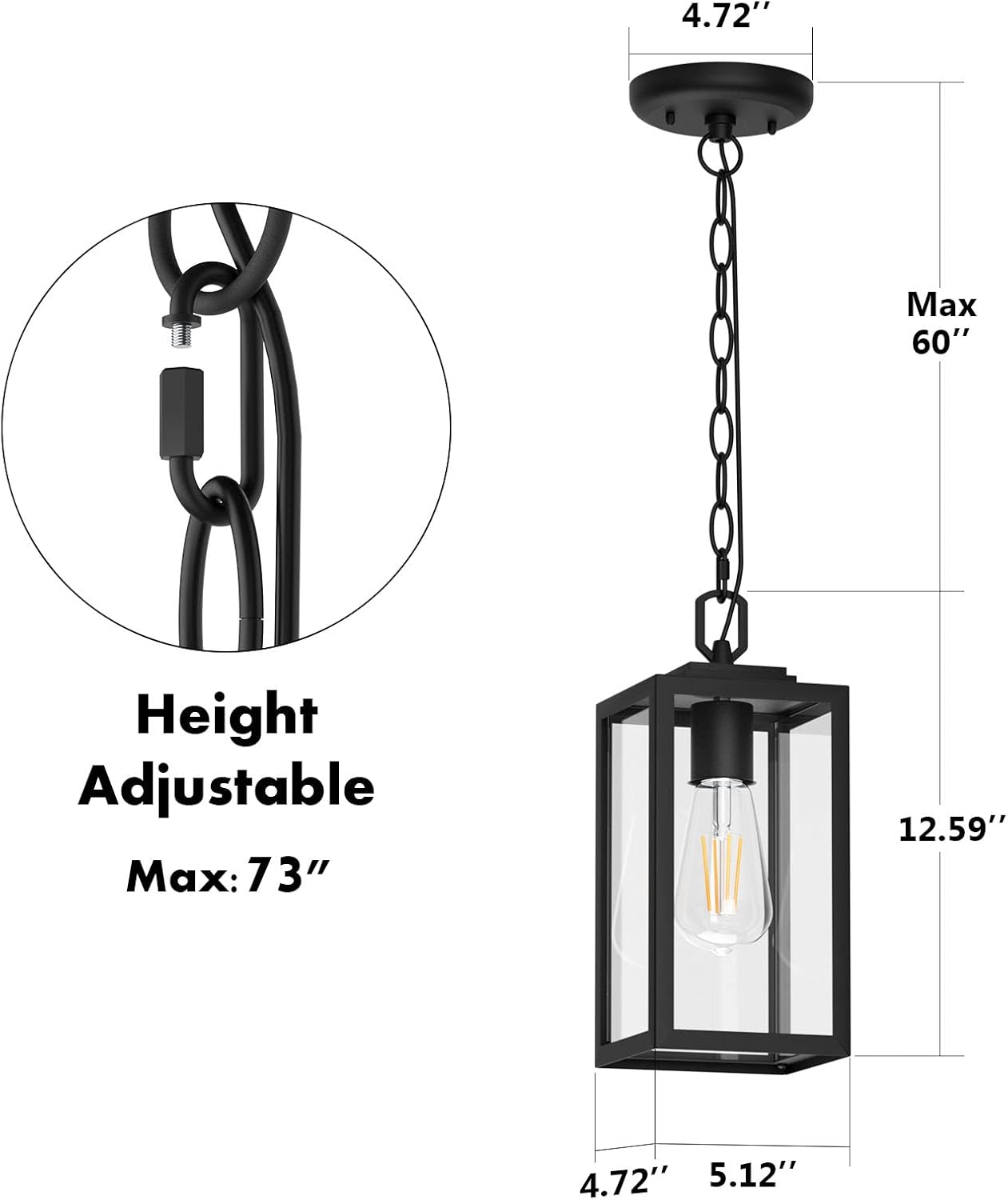 Modern Outdoor Pendant Light, 1-Light Outdoor Hanging Lantern Light, Matte Black Aluminum with Clear Glass, Exterior Pendant Lighting Fixture for Porch, Yard, Gazebo