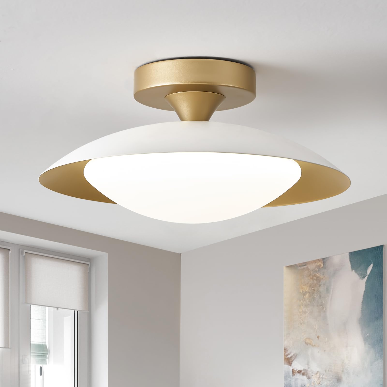 Dimmable Flush Mount Ceiling Light, Modern White and Gold Semi Ceiling Light, LED 5CCT 2700 K - 6000 K Lighting Fixture Ceiling Lamp for Hallway Bedroom Bathroom Kitchen