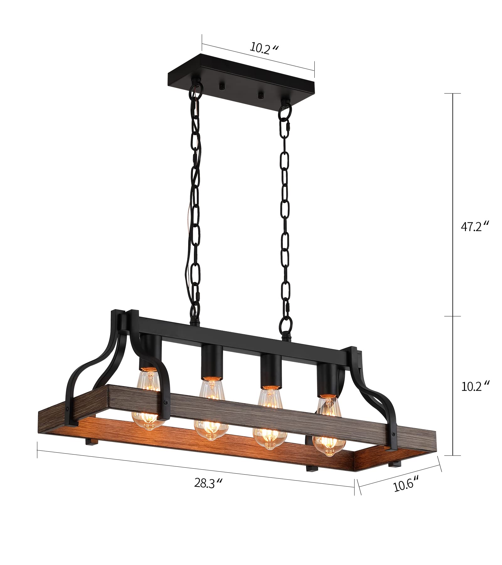 Rustic Kitchen Island Dining Room Light Fixture Farmhouse Linear Chandelier Black and Retro Wood Finish 5-Light Industrial Metal Hanging Pendant Light UL Listed L33.5 W10.6