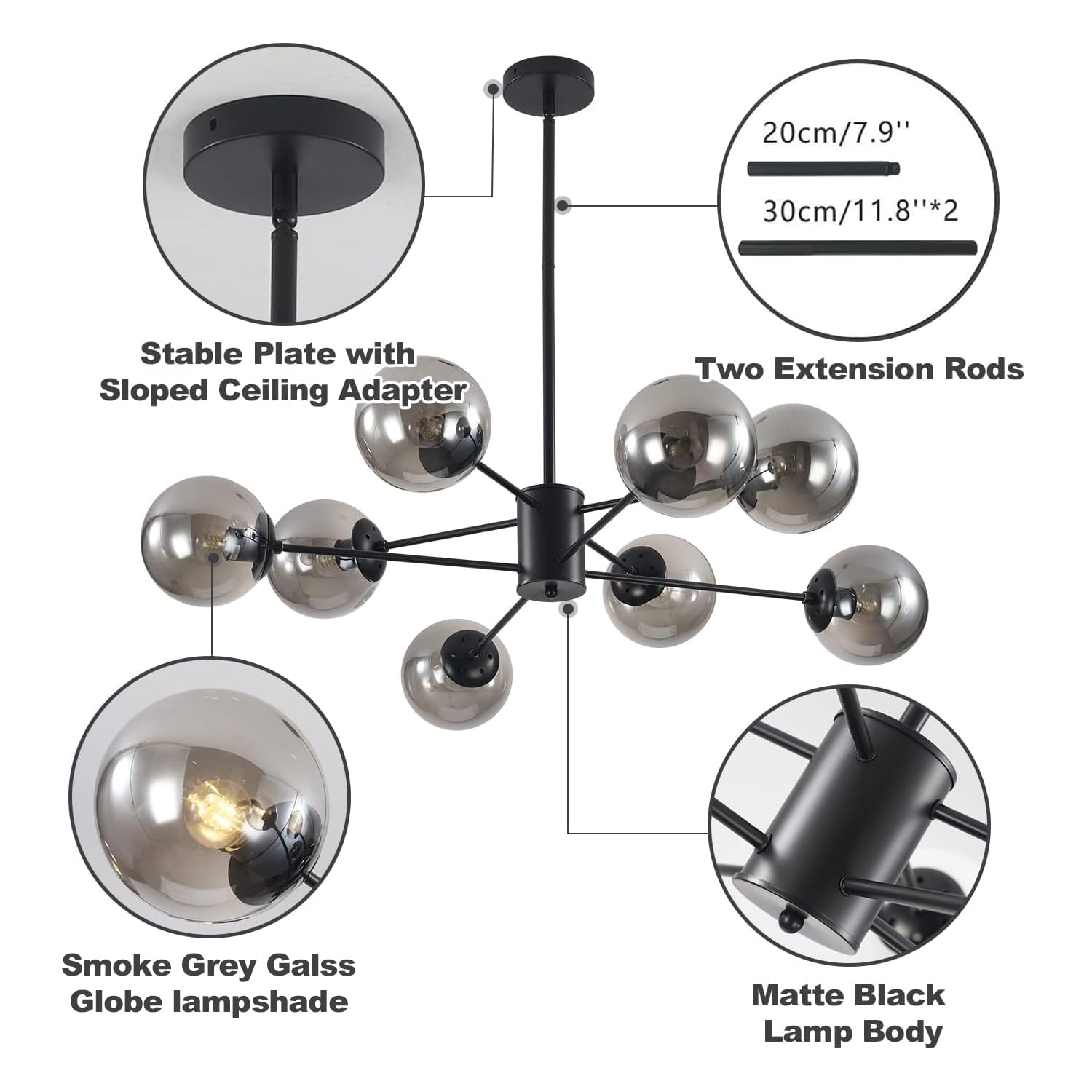 Lighting Modern Glass Globe Sputnik Chandelier 8-Light Mid Century Black Sputnik Chandelier Pendant Light Fixture Farmhouse Industrial Chandelier Light Fixture (Black+Smoke Grey)