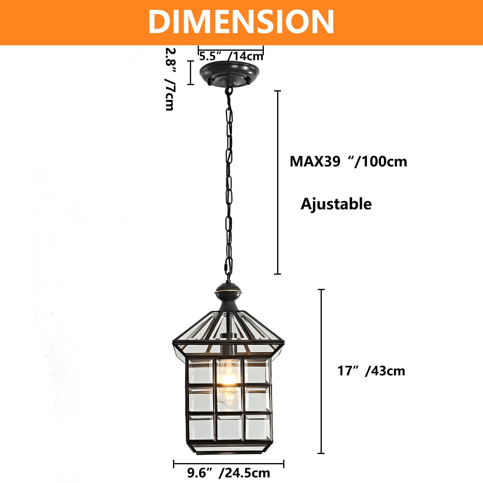 Copper Brass Outdoor Pendant Lights, Waterproof Hanging Porch Light Exterior Lantern Light Fixture with Clear Glass Outdoor Chandelier for Patio Kitchen Dining Room Entryway