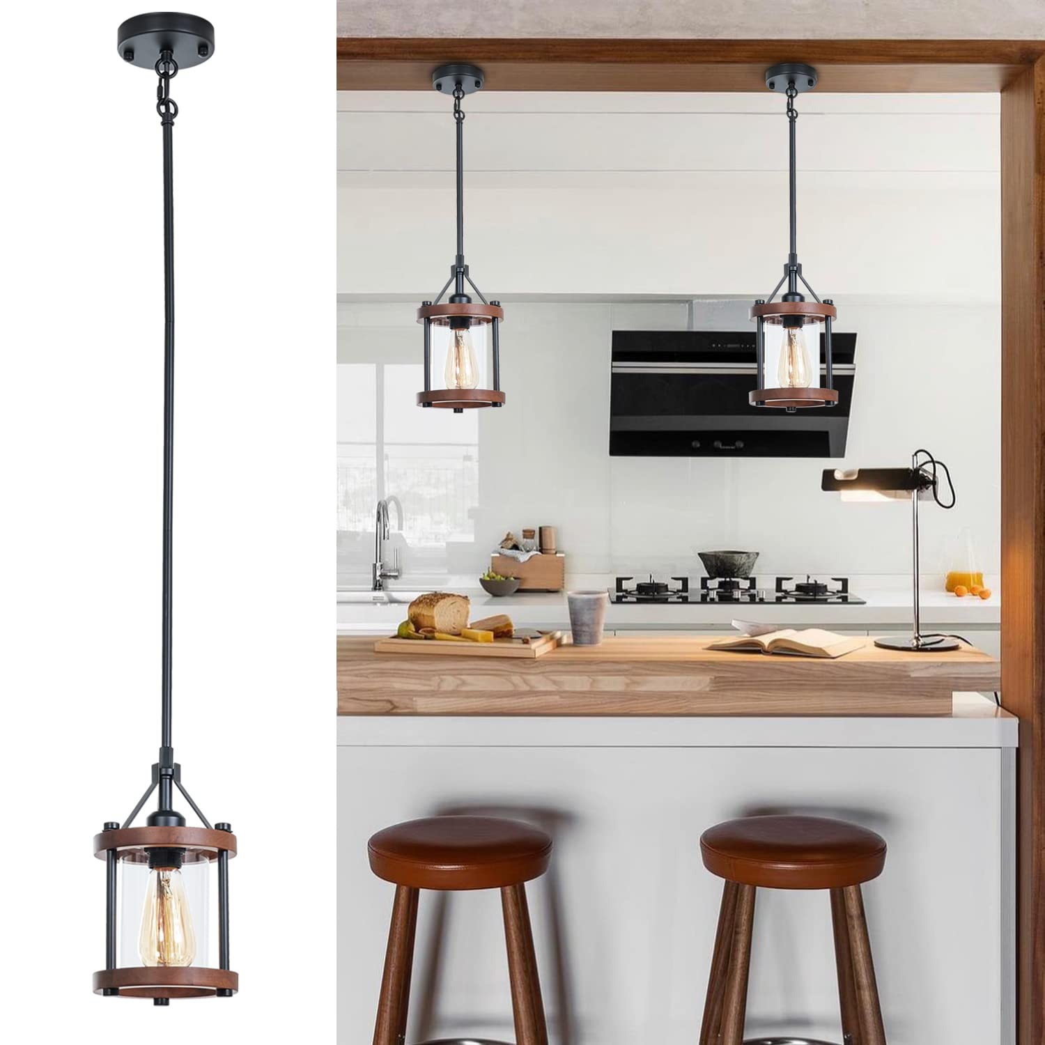 Farmhouse Pendant Light in Wood and Metal Cage, Rustic Brown Wood Pendant Light with Glass, Adjustable Hanging Light Fixtures, Mini Pendant Lighting for Kitchen Island, Hallway, Foyer, 1 Pack