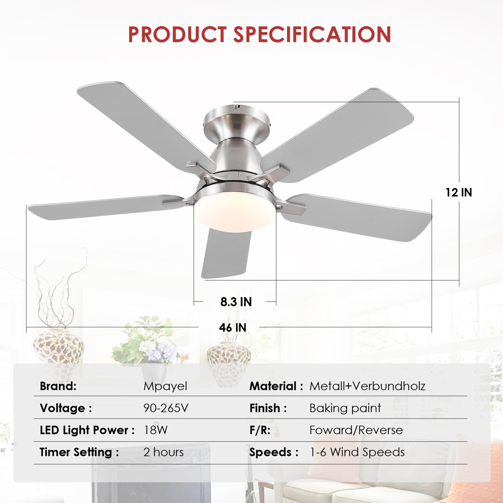 Ceiling Fans with Lights- 46"Low Profile Indoor Ceiling Fan with Light and Remote/APP Control, Flush Mount, LED Dimmable DC Reversible Modern Ceiling Fan for Bedroom（Black）