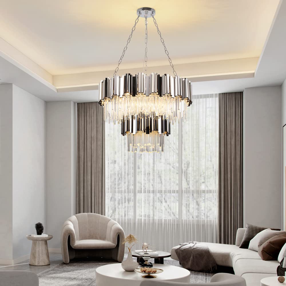 Modern K9 Crystal Pendant Lighting, Round Gold Crystal Chandelier Contemporary Luxury Pendant Ceiling Lighting Fixture for Dining Living Room Kitchen Island, Antique Gold