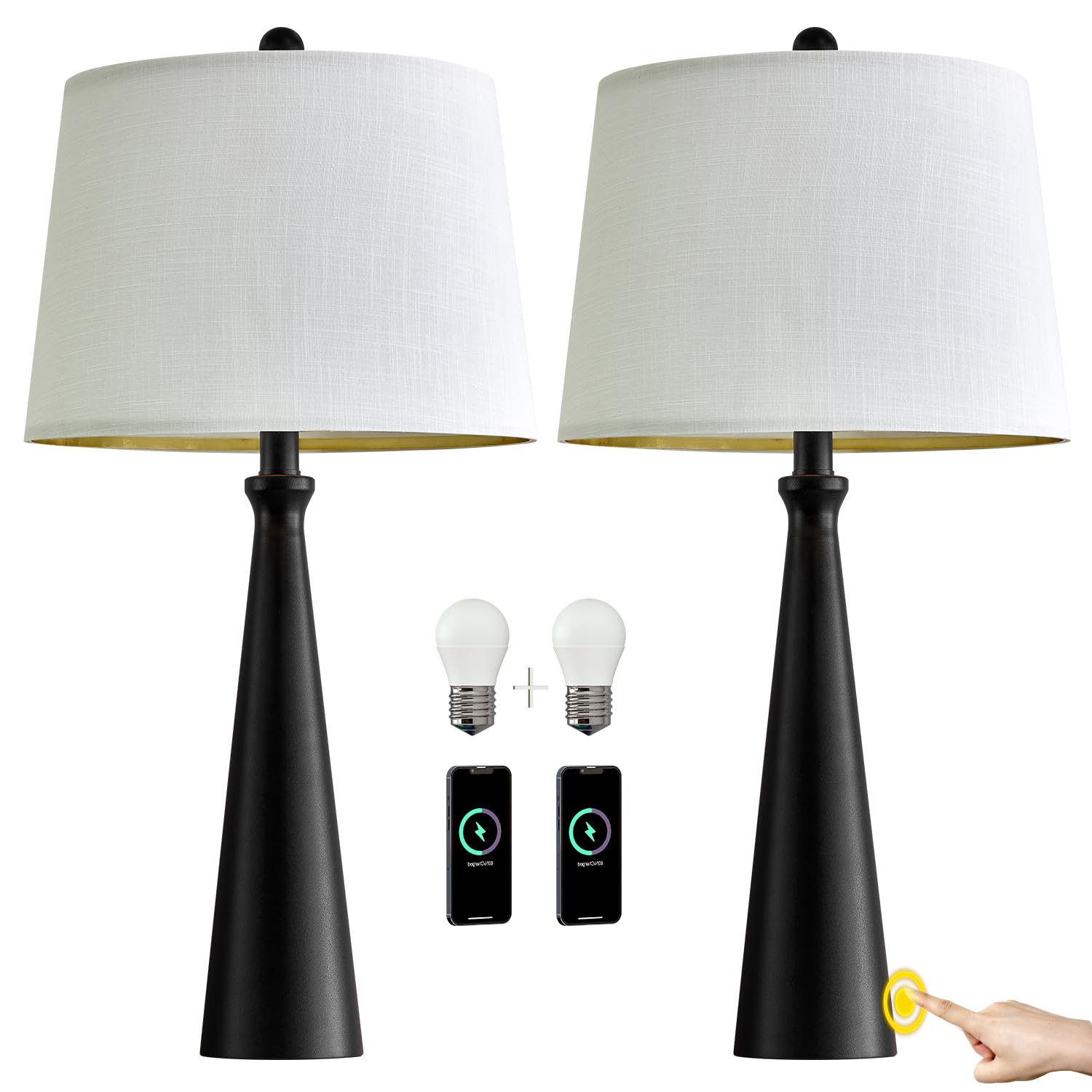 Modern Table Lamps with USB Port Set of 2 Accent Gold Nightstand Lamp for Living Room Bedroom Office Black