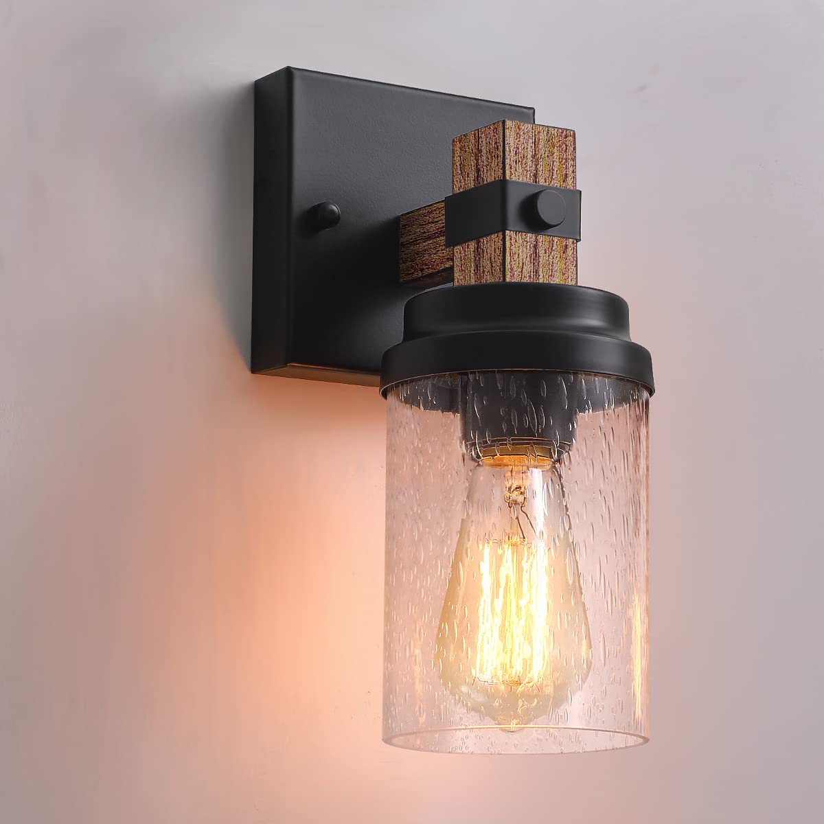 2-Light Farmhouse Vanity Lights for Bathroom, Rustic Bathroom Light Fixtures with Pretty Glass Shade, Black Industrial Wood Grain Wall Sconce for Bathroom Hallway Bedroom