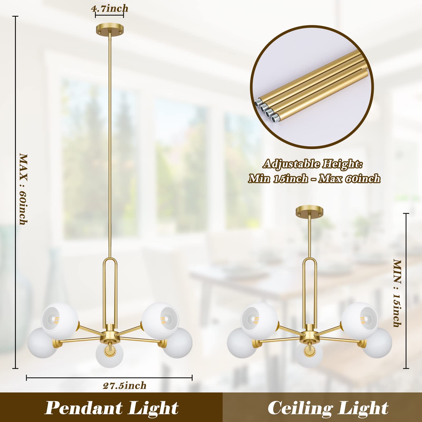 Globe Chandelier Pendant Lighting, Gold Modern Large Semi-Flush Ceiling Light Fixture with Clear Glass, 5-Light Dining Room Light Fixture, Sputnik Light Fixture for Kitchen Living Room Bedroom