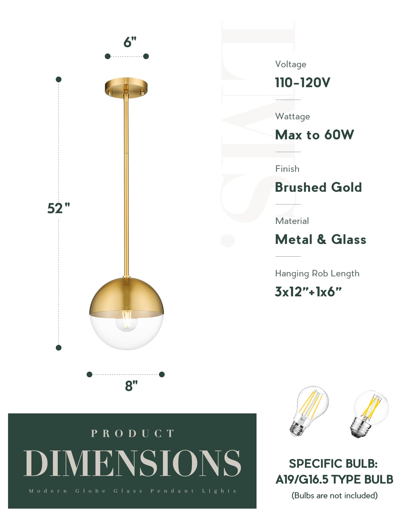 Modern Pendant Lighting Gold Globe Pendant Light Fixture, Mid Century Chandelier One Light Hanging Fixture for Kitchen Island, Adjustable Indoor Lighting for Dinning Room Bedroom, LMS-187