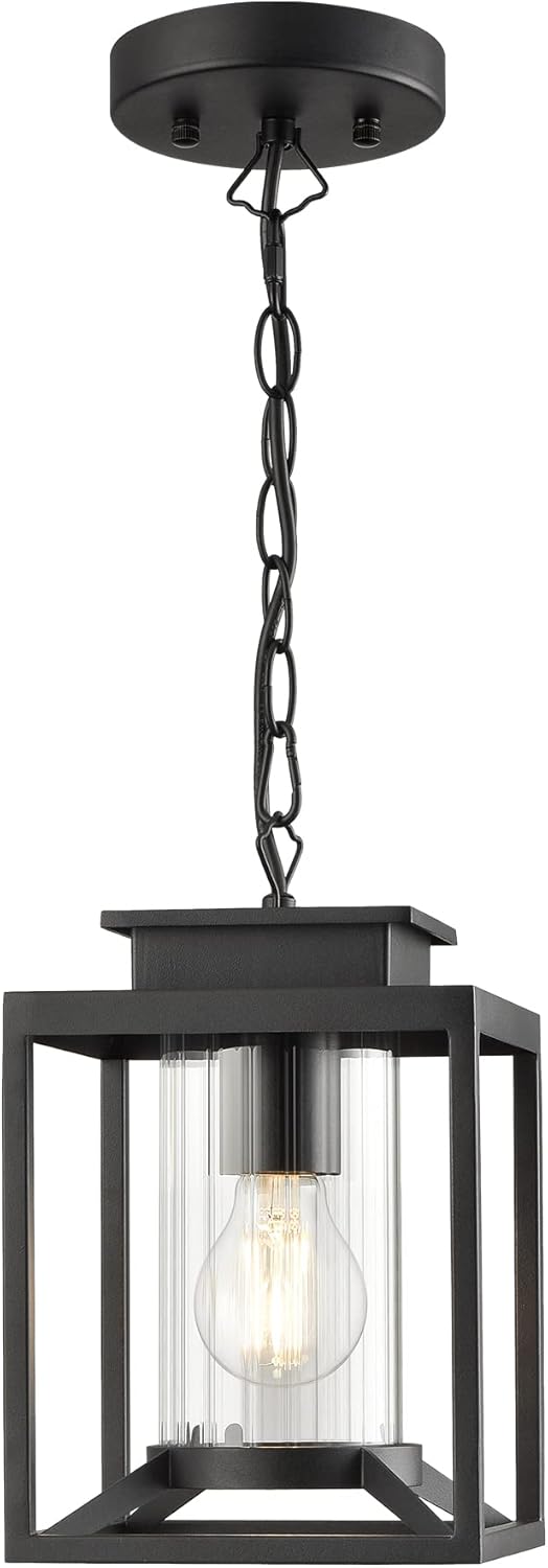 Outdoor Pendant Light, 1-Light Modern Outdoor Hanging Lantern with Adjustable Chain, Exterior Hanging Porch Light in Black Finish with Cylinder Glass, 2353/1H