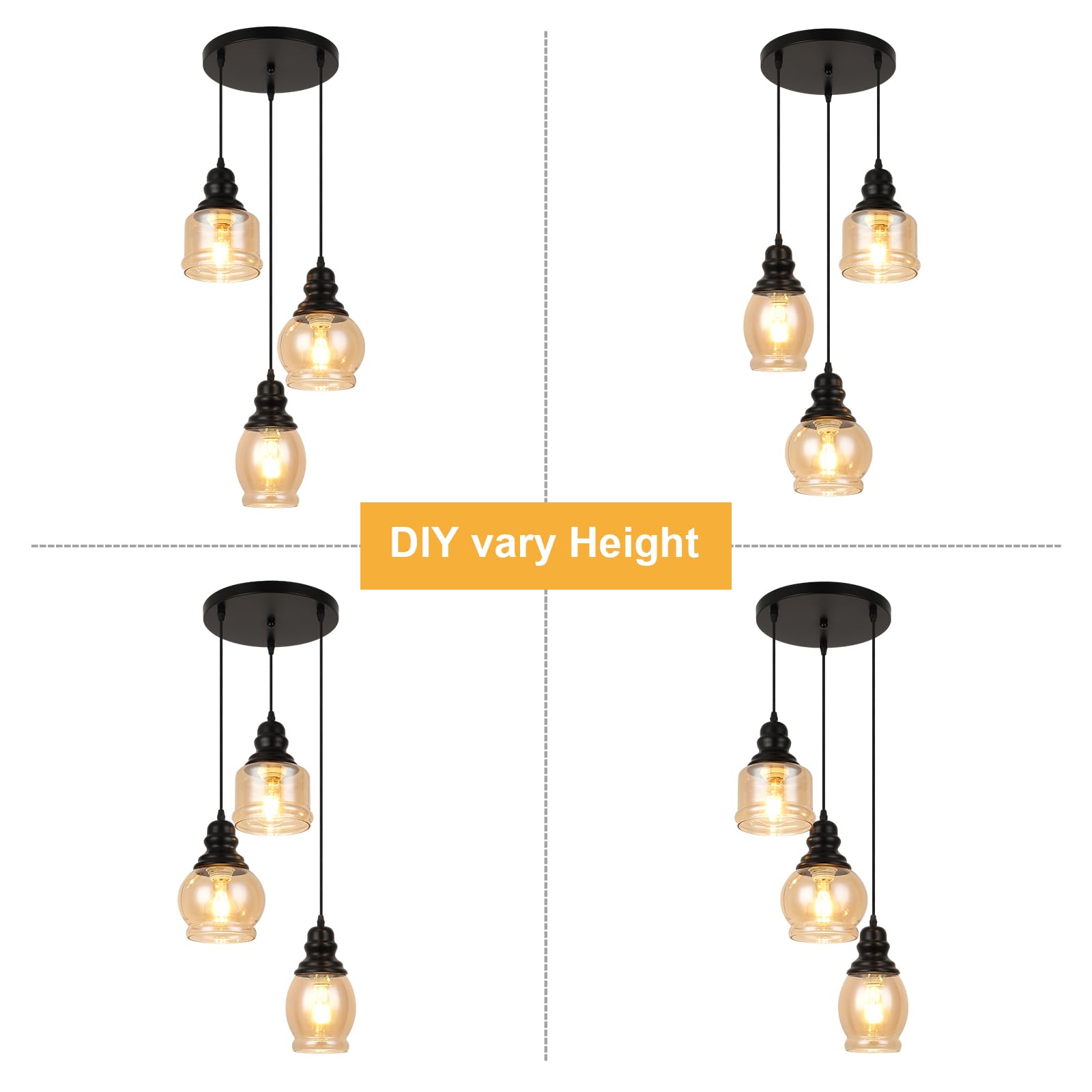 WILON Industrial Pendant Lighting, Pendant Lights for Kitchen Island 3 Light Glass Pendant Light Fixture with Seeded Glass Shade, Adjustable Cord Farmhouse Ceiling Light Black finish Linear Chandelier