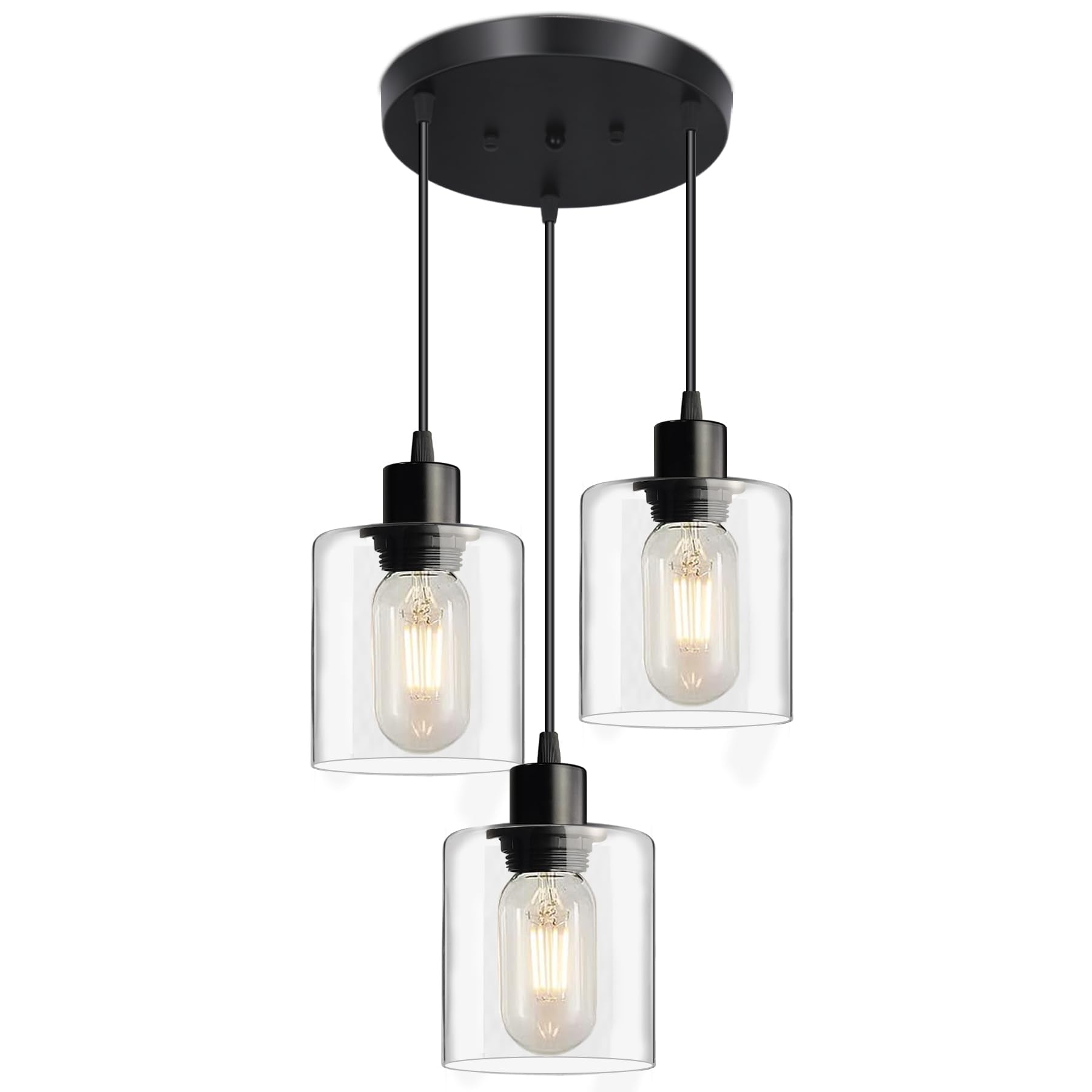 3-Light Hanging Pendant Light Fixtures, Farmhouse Kitchen Island Light Fixture, Industrial Hanging Pendant Lighting for Dining Room Bedroom Hallway, Black Metal Cage Pendant Lamp, E26 Base