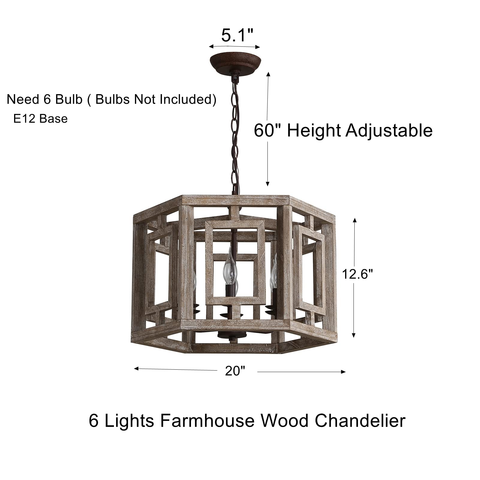 4-Light Farmhouse Wood Chandelier Lights Fixture for Dining Room, Rustic Vintage Antique Wooden Chandeliers Square Hanging Ceiling Pendant Lighting Fixtures for Kitchen Island, Entryway