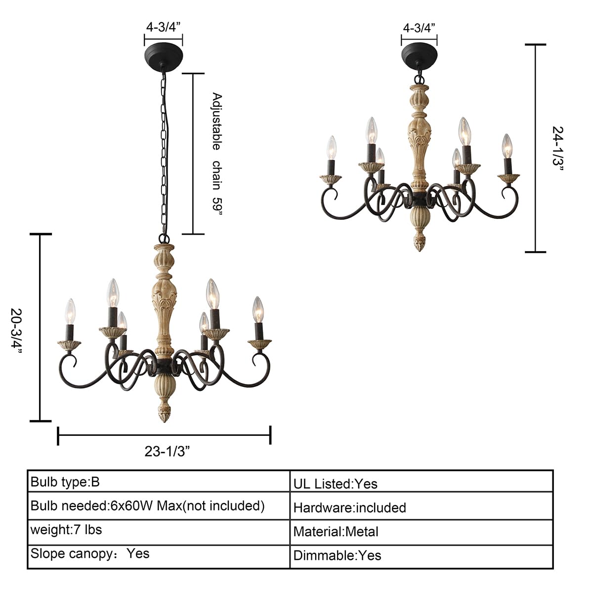 Chandelier Light Fixture Mid Century Modern 6-Lights Candle Style Chandelier Vintage Distressed White Wood Chandelier for Dining Room, Kitchen, Living Room, E12