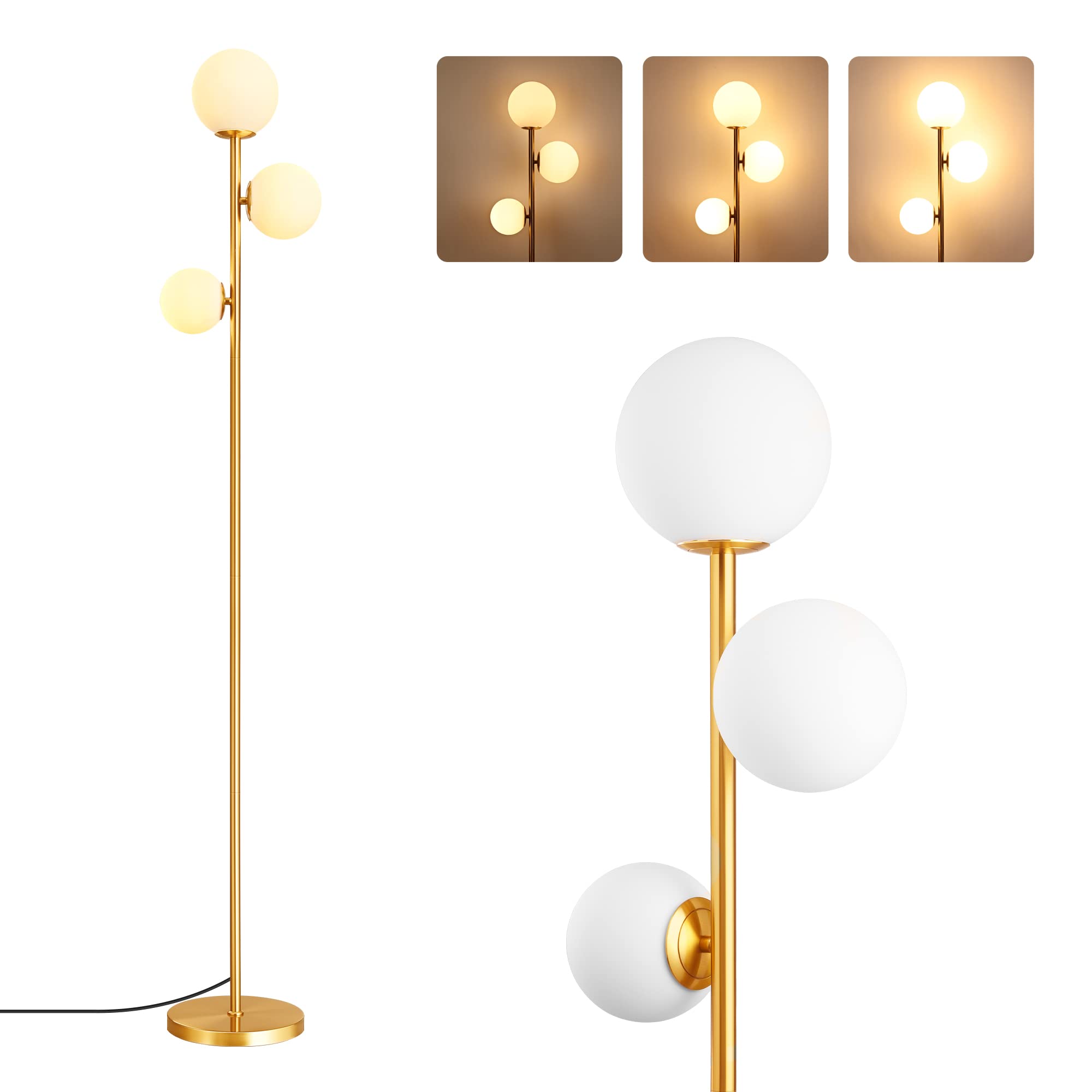 67.5in Mid Century Modern Globe Floor Lamp, Upgraded Dimmable Gold Standing Lamps for Living Room, Frosted Glass Shade, LED Tall Pole Lamp for Bedroom-Brass Plating