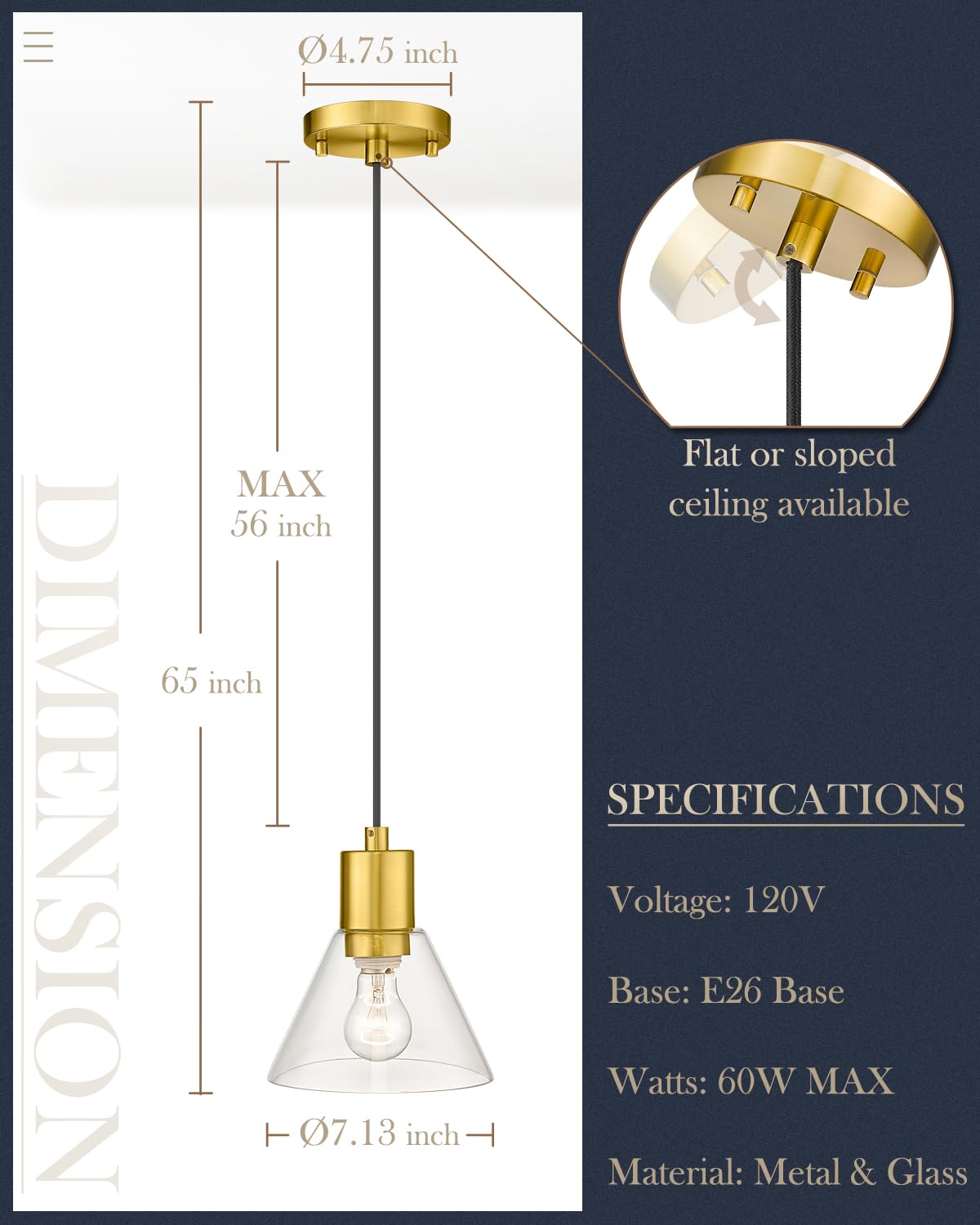 1-Light Gold Glass Pendant Light, Modern Kitchen Pendant Hanging Light with Clear Glass Shade in Gold Finish, LMS-103