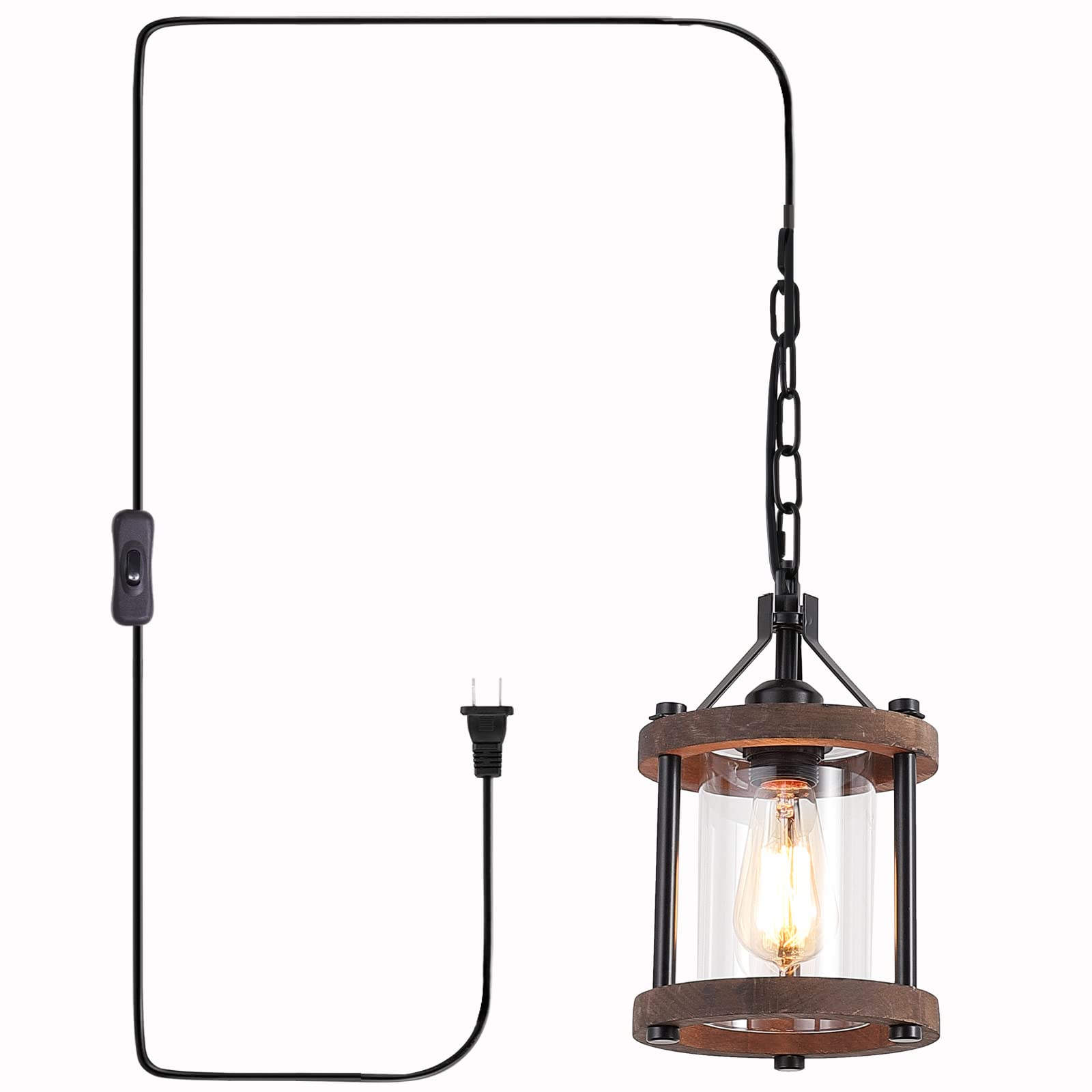 Farmhouse Pendent Lights in Kitchen Island, Rustic Wood Pendant Light with Glass Shade, Bronze Entryway Pendant Lighting, Adjustable Glass Hanging Light Fixtures for Foyer, Sink, 1 Pack