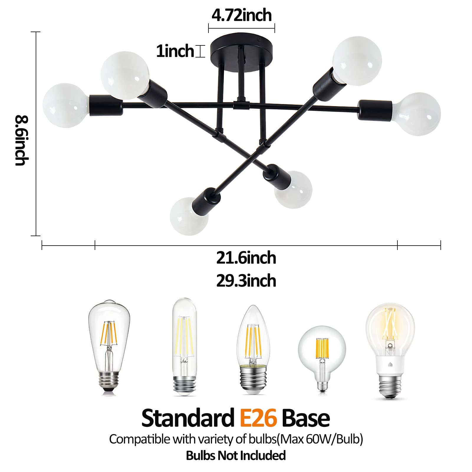 Semi Flush Mount Ceiling Light Fixture, 6 Lights Modern Sputnik Chandelier Ceiling Lamp with E26 Bulb Base, Light Fixtures Ceiling Mount for Bedroom Kitchen Living Room Hallway (Gold)