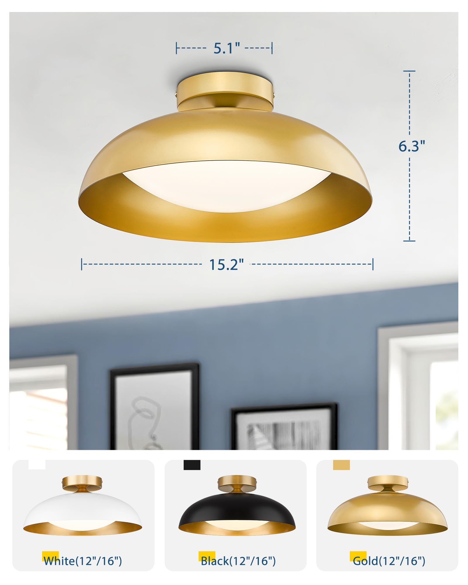 Gold Ceiling Light, 12 Inch LED Semi Flush Mount Ceiling Light Fixture, 12W/700Lm Ceiling Lights for Kitchen, Bathroom, Hallway, 3000K/4000K/6000K Adjustable, KDCL01-GD