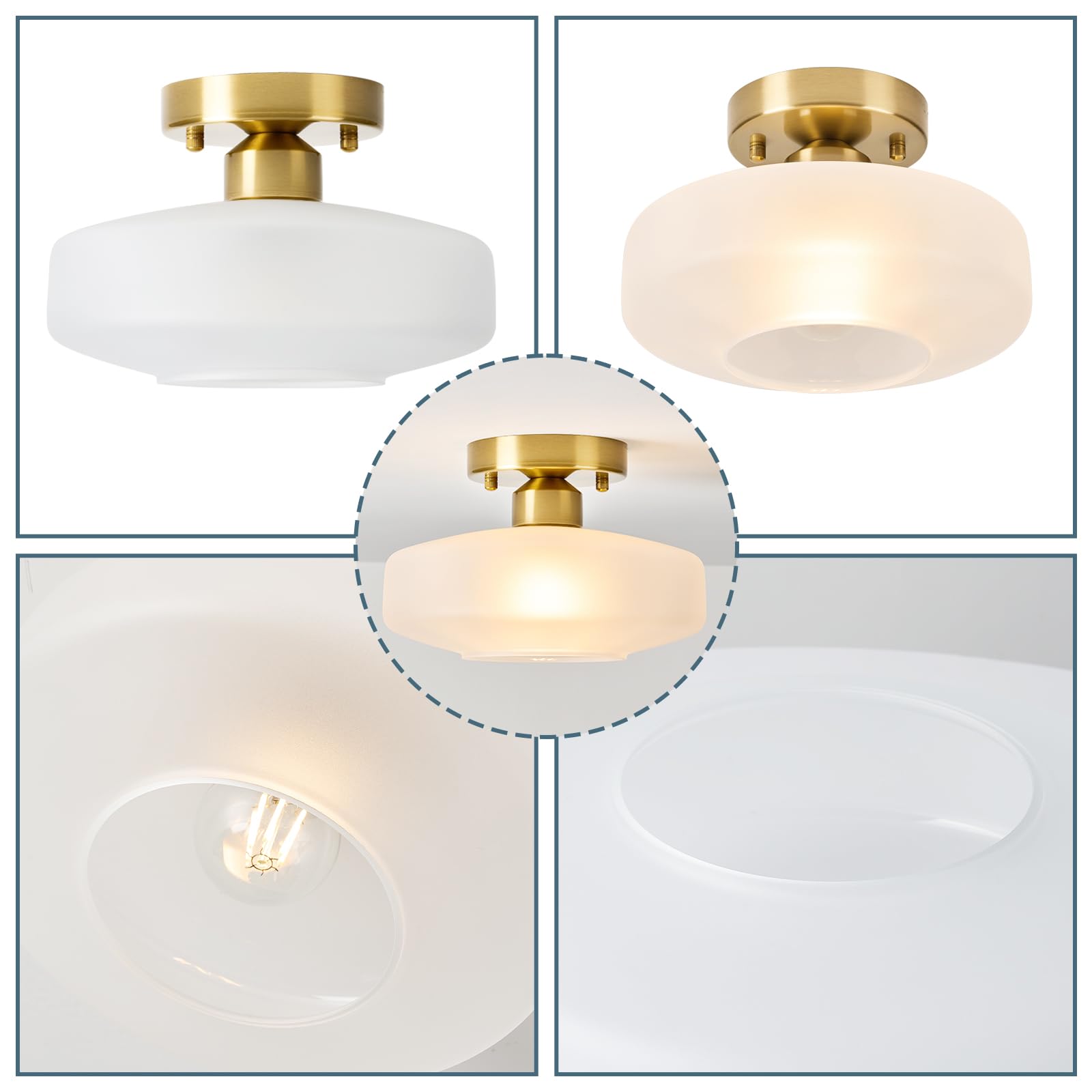 Flush Mount Light with Frosted Glass Shade, Brass Gold Finish Ceiling Light Fixture for Kitchen, Hallway, Entryway, Bathroom, Closet