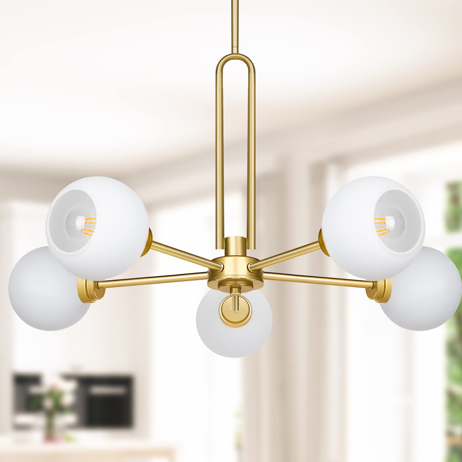 Globe Chandelier Pendant Lighting, Gold Modern Large Semi-Flush Ceiling Light Fixture with Clear Glass, 5-Light Dining Room Light Fixture, Sputnik Light Fixture for Kitchen Living Room Bedroom