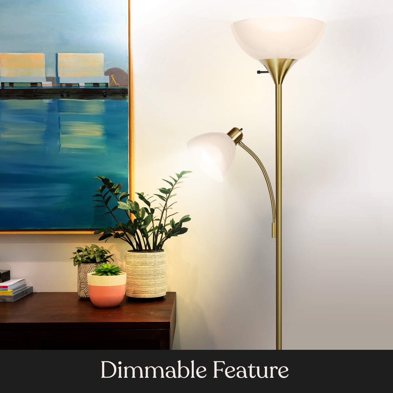 Sky Dome Plus LED Floor lamp, Torchiere Super Bright Floor Lamp with Reading Lamp for Living Rooms & Offices - Dimmable Tall Standing Lamp for Bedroom Reading - Gold Brass