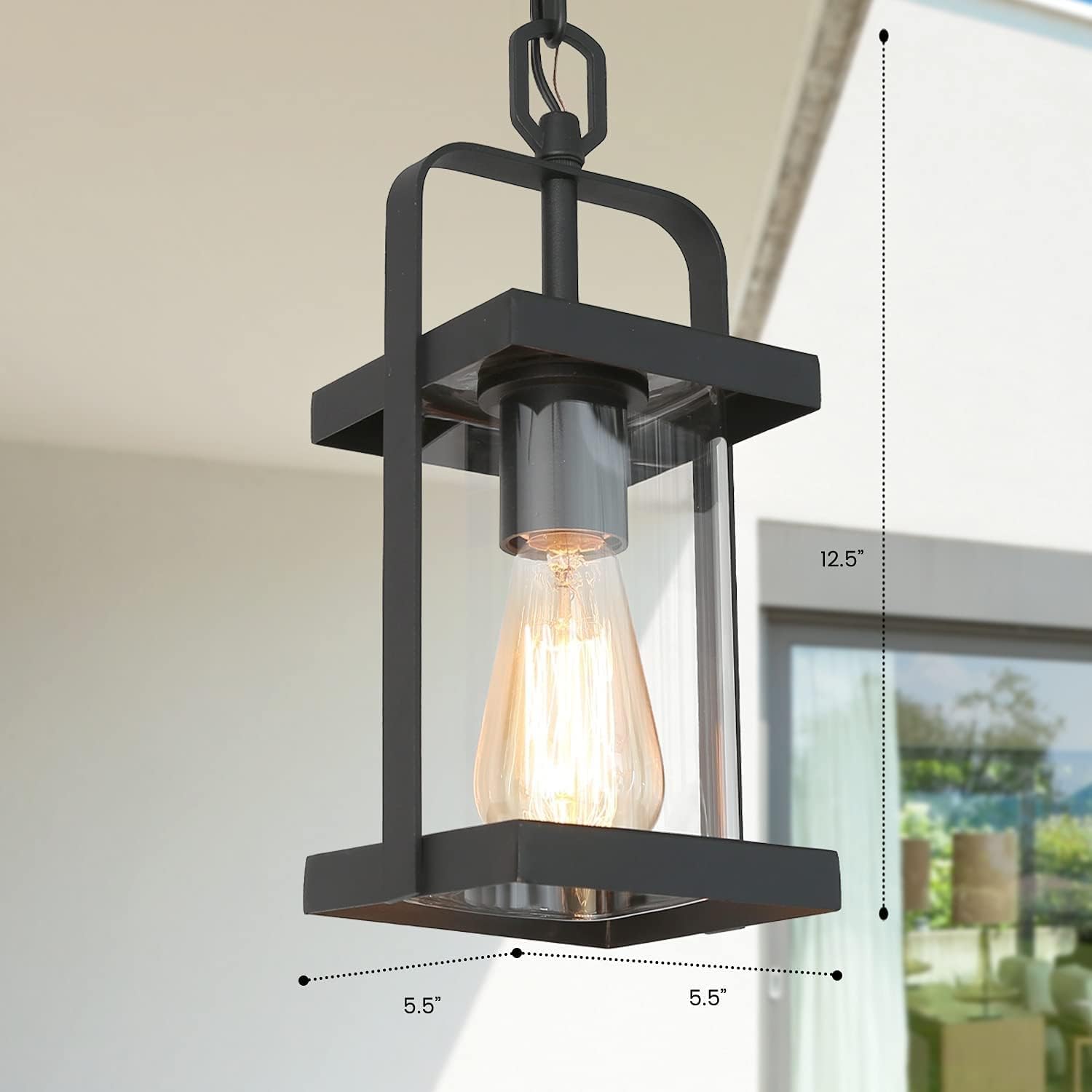 Black Outdoor Pendant Lights, Exterior Pendant Light with Clear Glass, Porch Hanging Lantern Light Fixtures in Brushed Black Finish