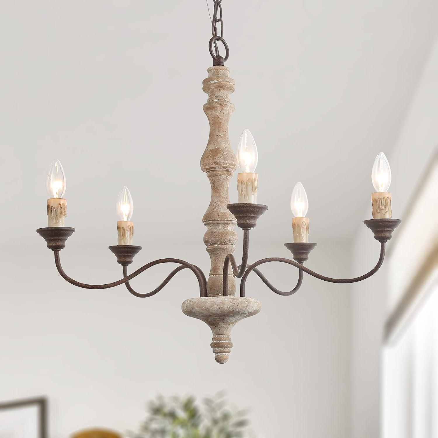 Chandelier, Farmhouse Handmade Distressed Wood 5 Lights Fixture for Dining & Living Room, Bedroom, Kitchen, Stairway, Bathroom