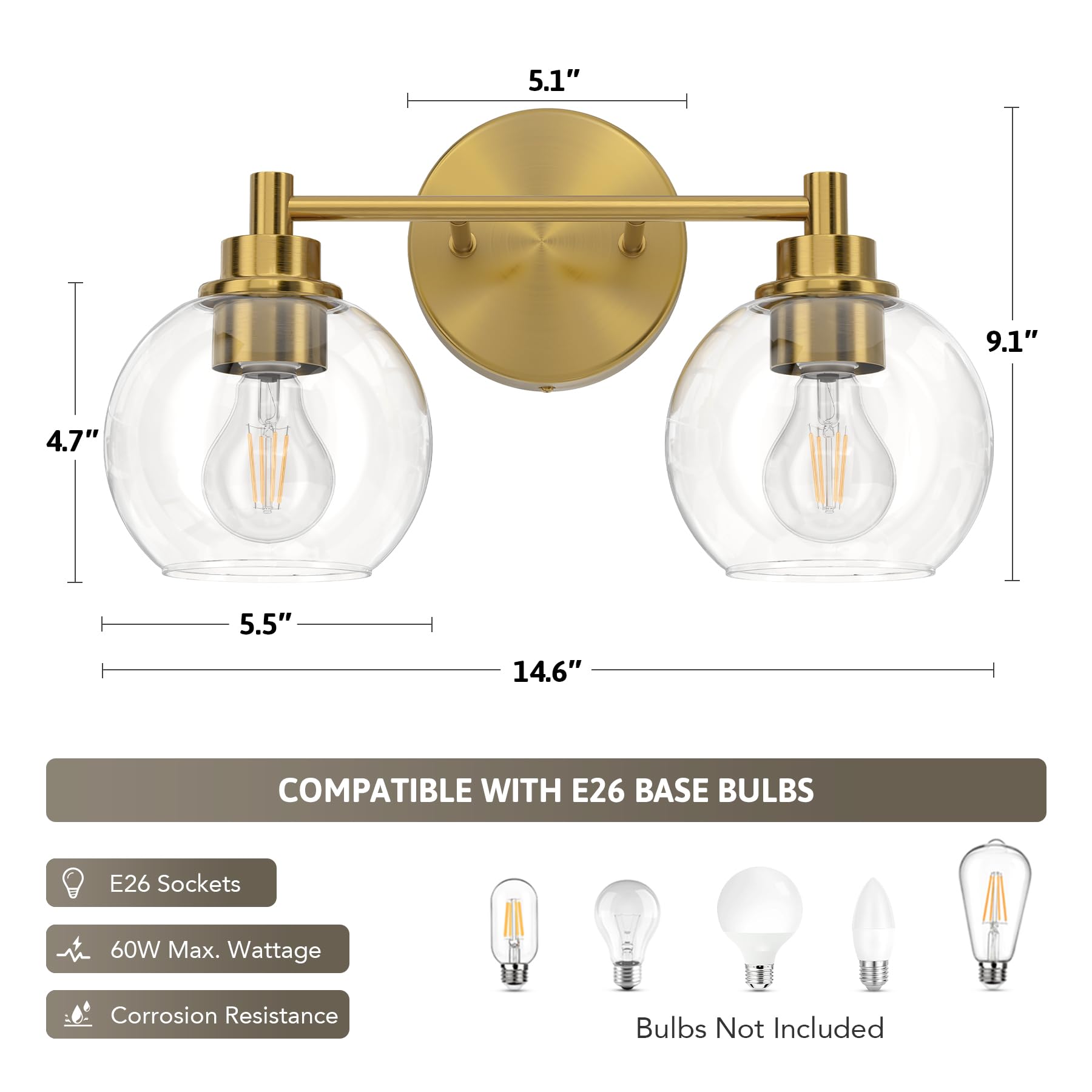 Bathroom Light Fixtures, 2-Light Bathroom Vanity Light with Globe Glass Shades E26 Sockets, Bathroom Lights Over Mirror for Bedroom Hallway Living Room, Gold Finish