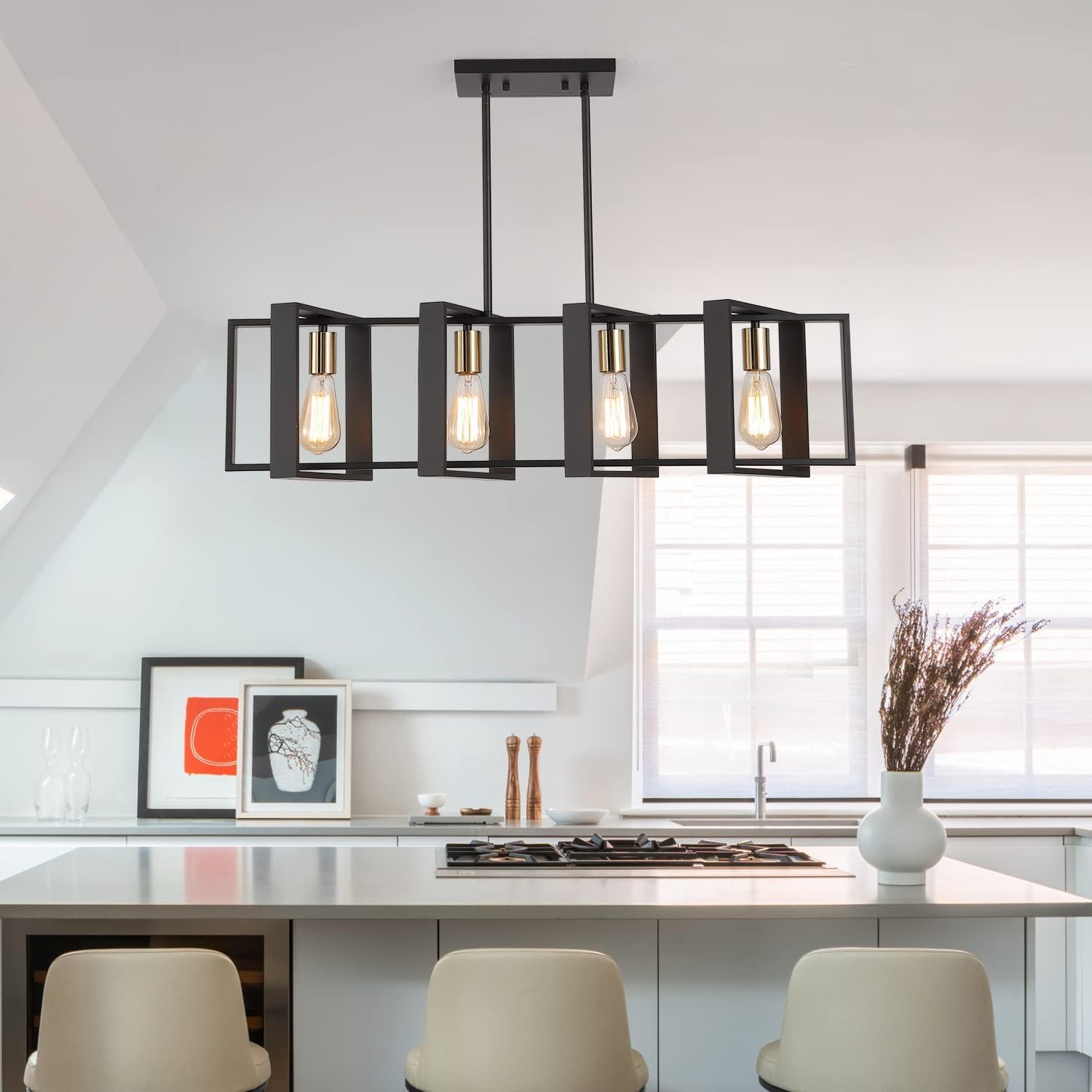 9MMML 3 Lights Kitchen Island Lighting, Modern Rectangle Linear Pendant Light, Black Frame+ Gold Socket Chandelier for Dining &Living Room Foyer Entryway Hallway,E26,Height Adjustable.