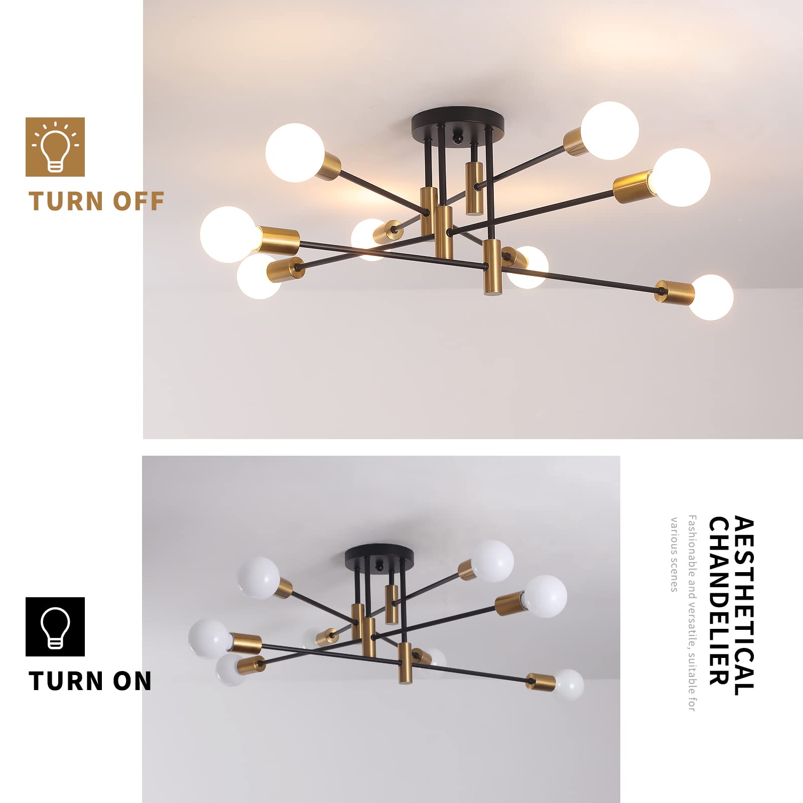 10 Lights Modern Sputnik Ceiling Chandelier Gold Industrial Ceiling Lamp Mid Century Semi Flush Mount Ceiling Light Fixture for Kitchen Dining Room Living Room Bedroom Foyer Lighting