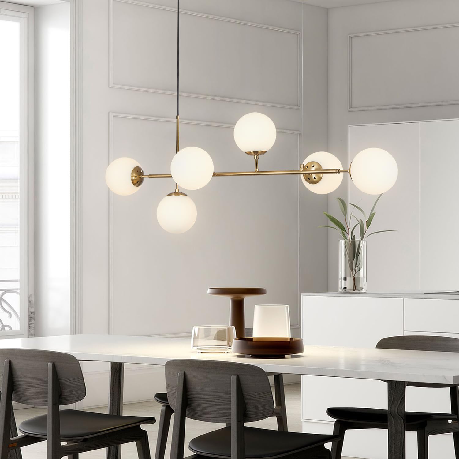 BOKT Modern Gold Chandelier 7-Lights Frosted Glass Globe Pendant Light Kitchen Island Linear Hanging Lighting Fixtures for Living Room Bedroom Dining Room Corridor