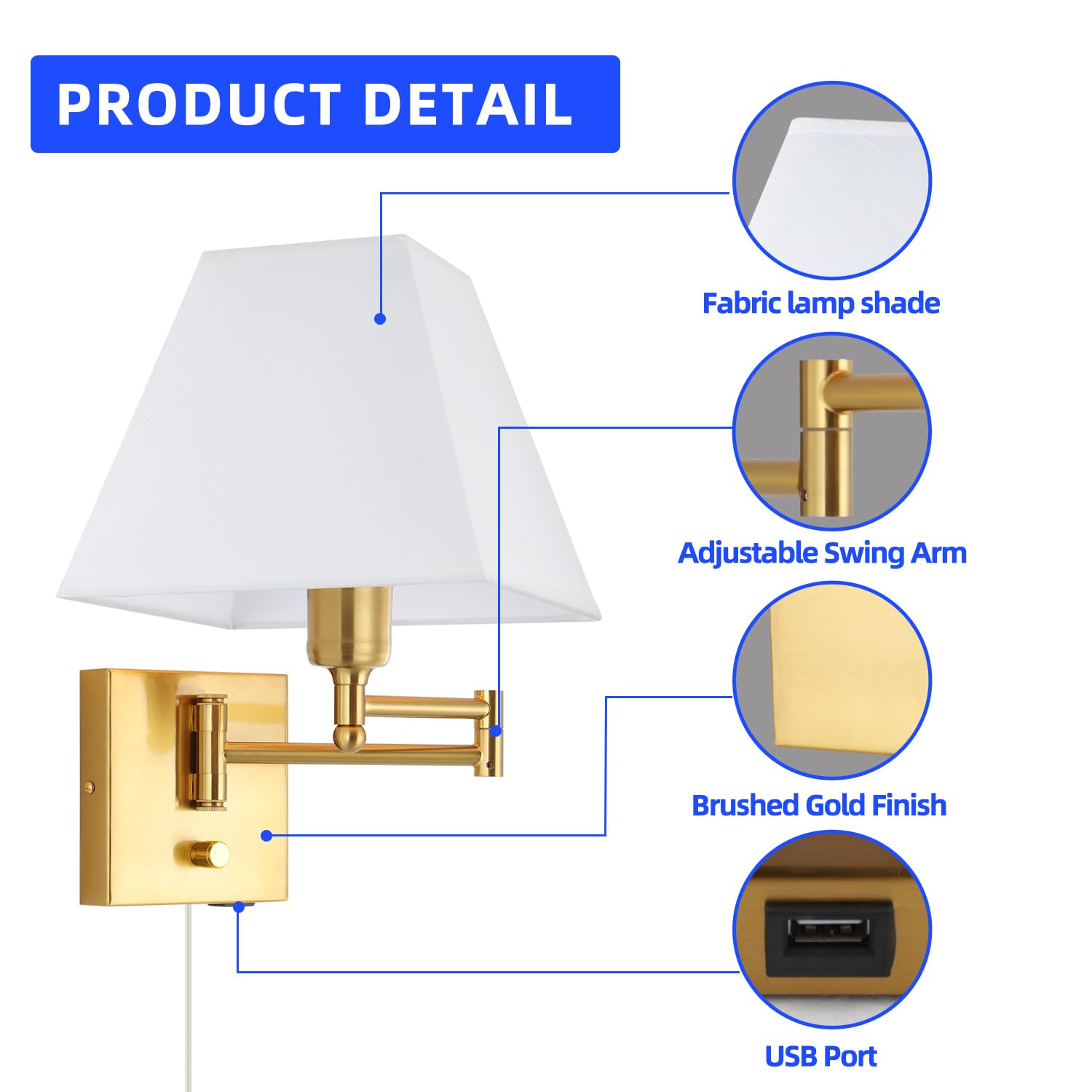 Plug in Wall Light,Swing Arm Wall Sconces with USB Port and Outlet,Wall Lamp with White Fabric Shade Dimmable Switch for Bedroom, Living Room , Office Nickel