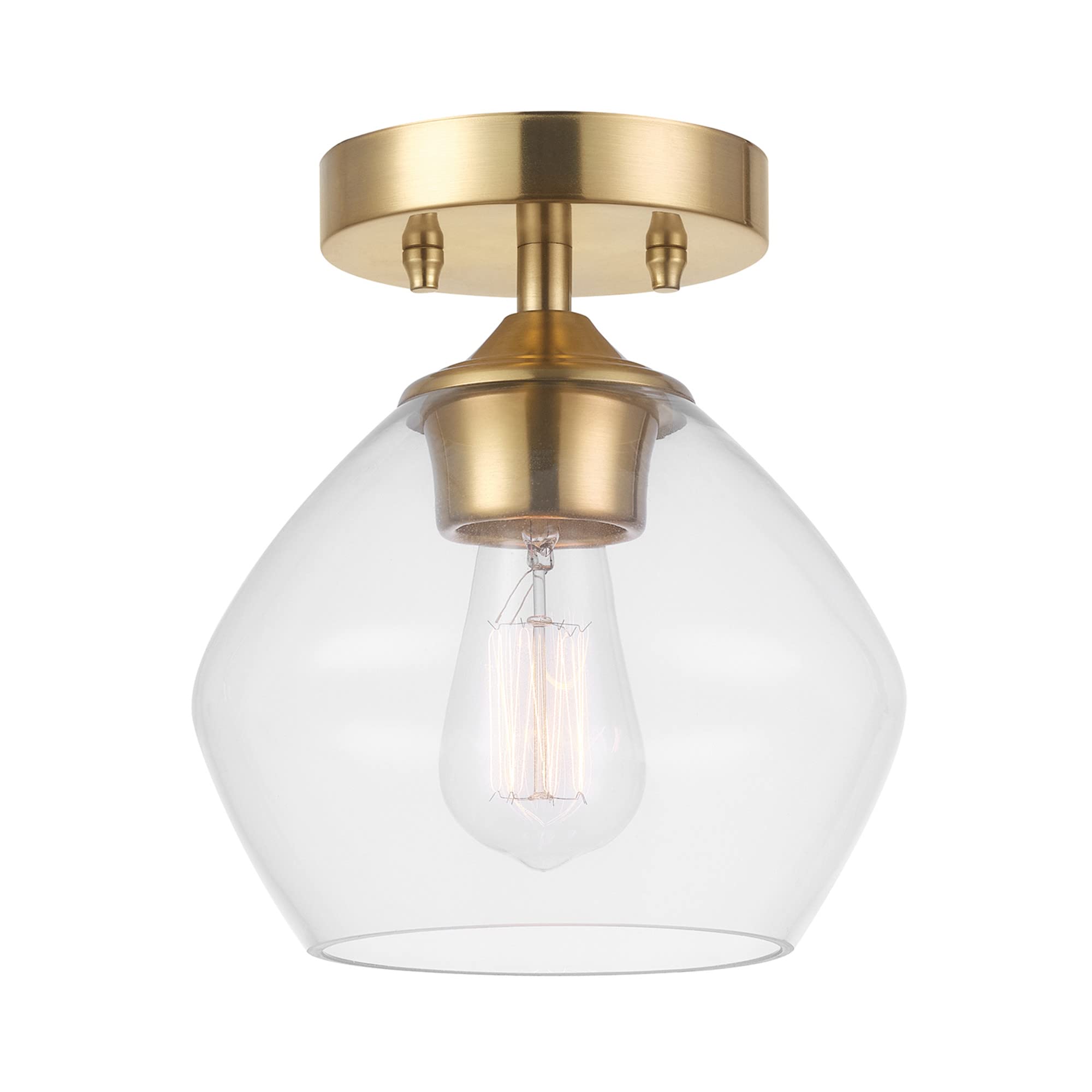 1-Light Semi-Flush Mount Ceiling Lighting, Matte Brass, Clear Glass Shade, Bulb Not Included