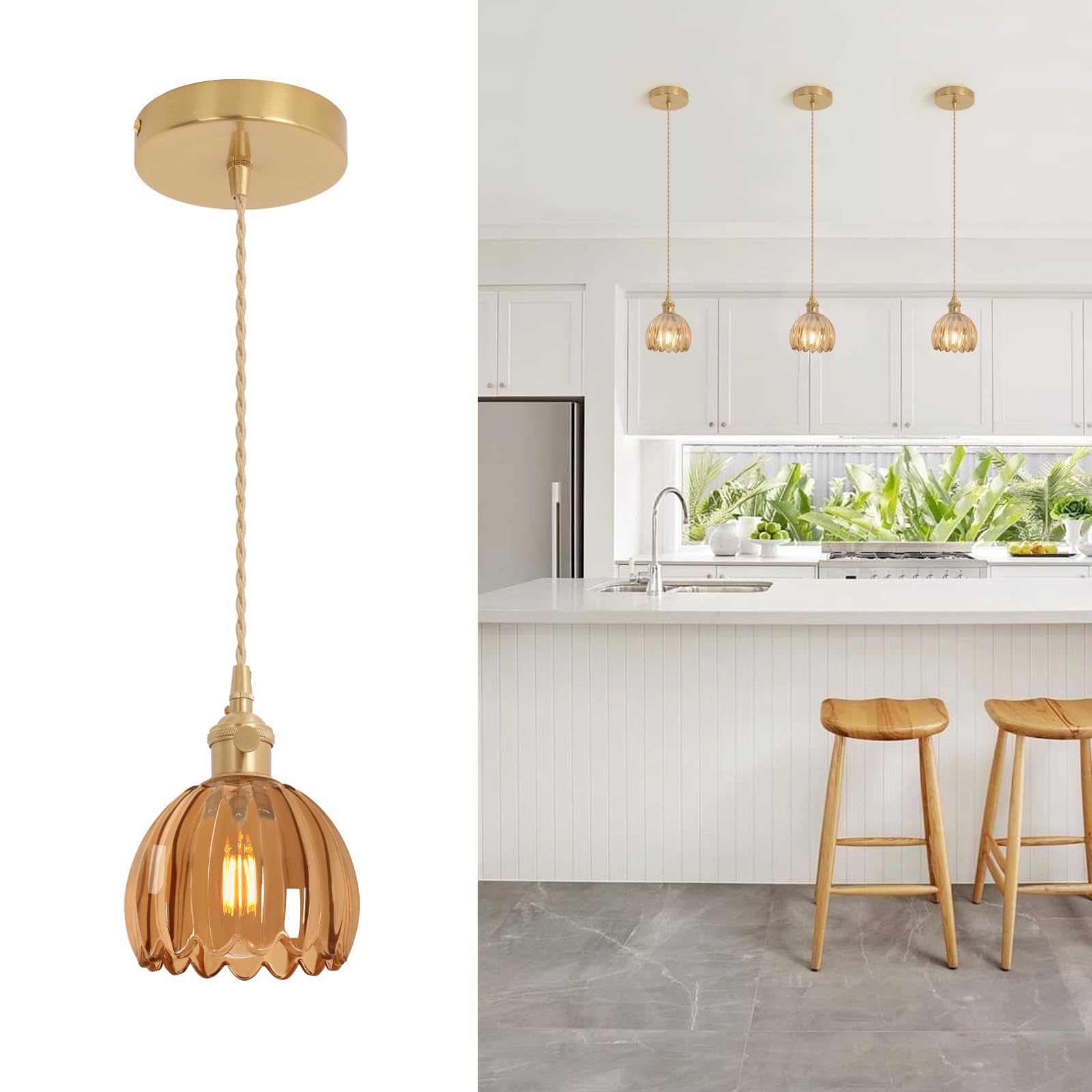 Pendant Light with White Pleated Ceramic Lmapshade, Brass Vintage Pendant Light Adjustable Hanging Light for Kitchen Island Dining Room Hallway 7.87 Inch Diam