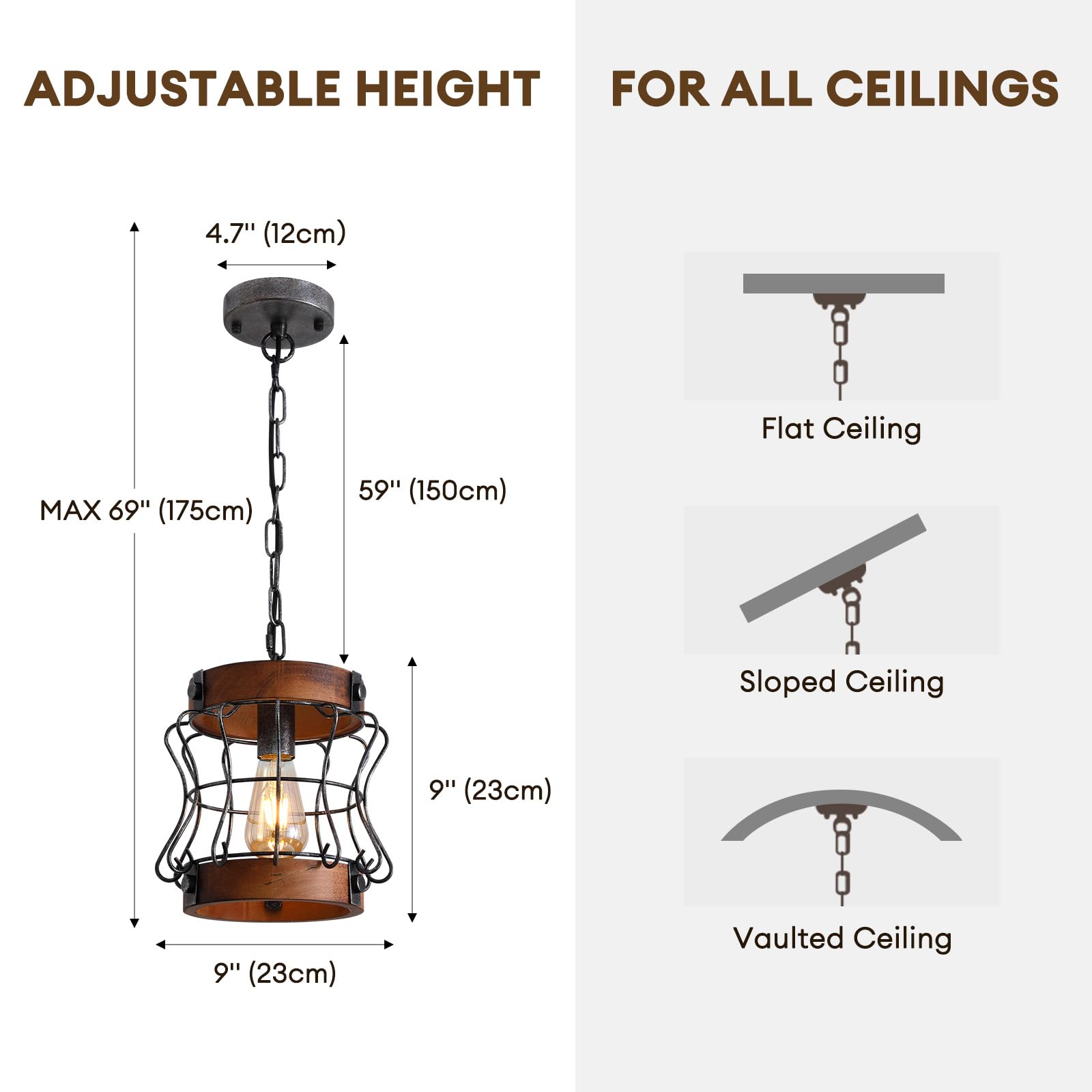 Rustic Chandelier, Modern Farmhouse Chandeliers for Dining Room, Wood Lantern Pendant Lights for Kitchen Island Foyer Hallway Bar, 1-Light Antique Light Fixtures for All Ceilings D 7.5" x H 8.8"