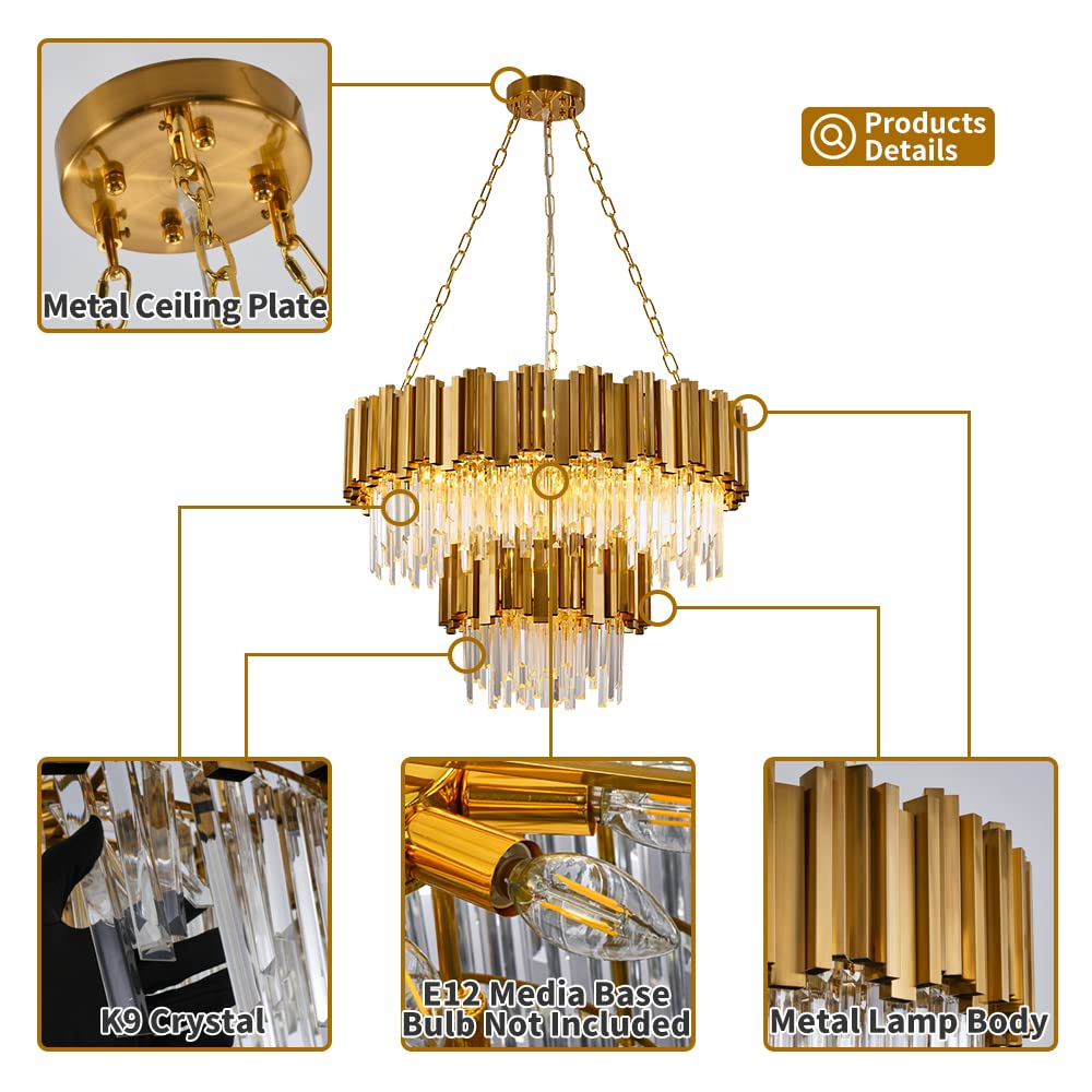 Modern K9 Crystal Pendant Lighting, Round Gold Crystal Chandelier Contemporary Luxury Pendant Ceiling Lighting Fixture for Dining Living Room Kitchen Island, Antique Gold