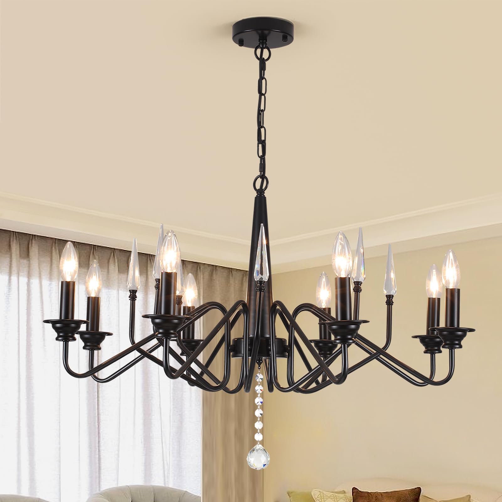 Chandeliers,8-Light Round Wagon Wheel Chandelier with Wood Beaded,Black Farmhouse Pendant Light, Adjustable Height Hanging Light for Kitchen Bedroom Dining Room