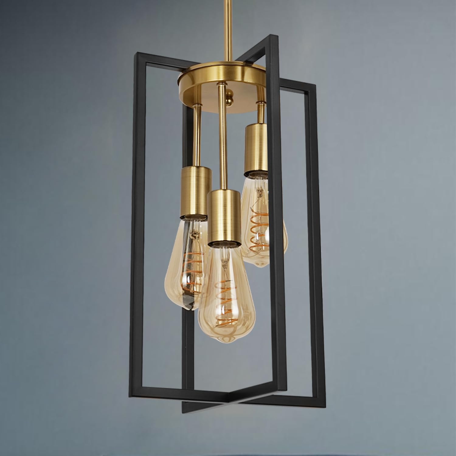 Modern Black Industrial Farmhouse Pendant Lighting, Rectangle Metal Cage Chandelier Hanging Light Fixture for Kitchen Island, Dining Room, Entryway, Hallway (3-Light)