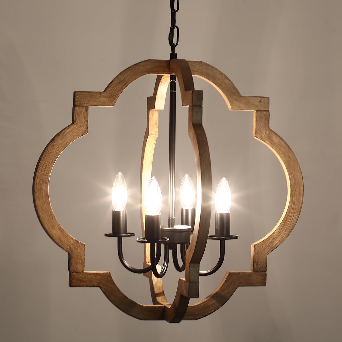 Farmhouse Orb Chandelier, Rustic Wood Chandelier for Dining Room, 4-Light Pendant Light for Kitchen Island Hallway Foyer Entryway Bedroom, Adjustable Height