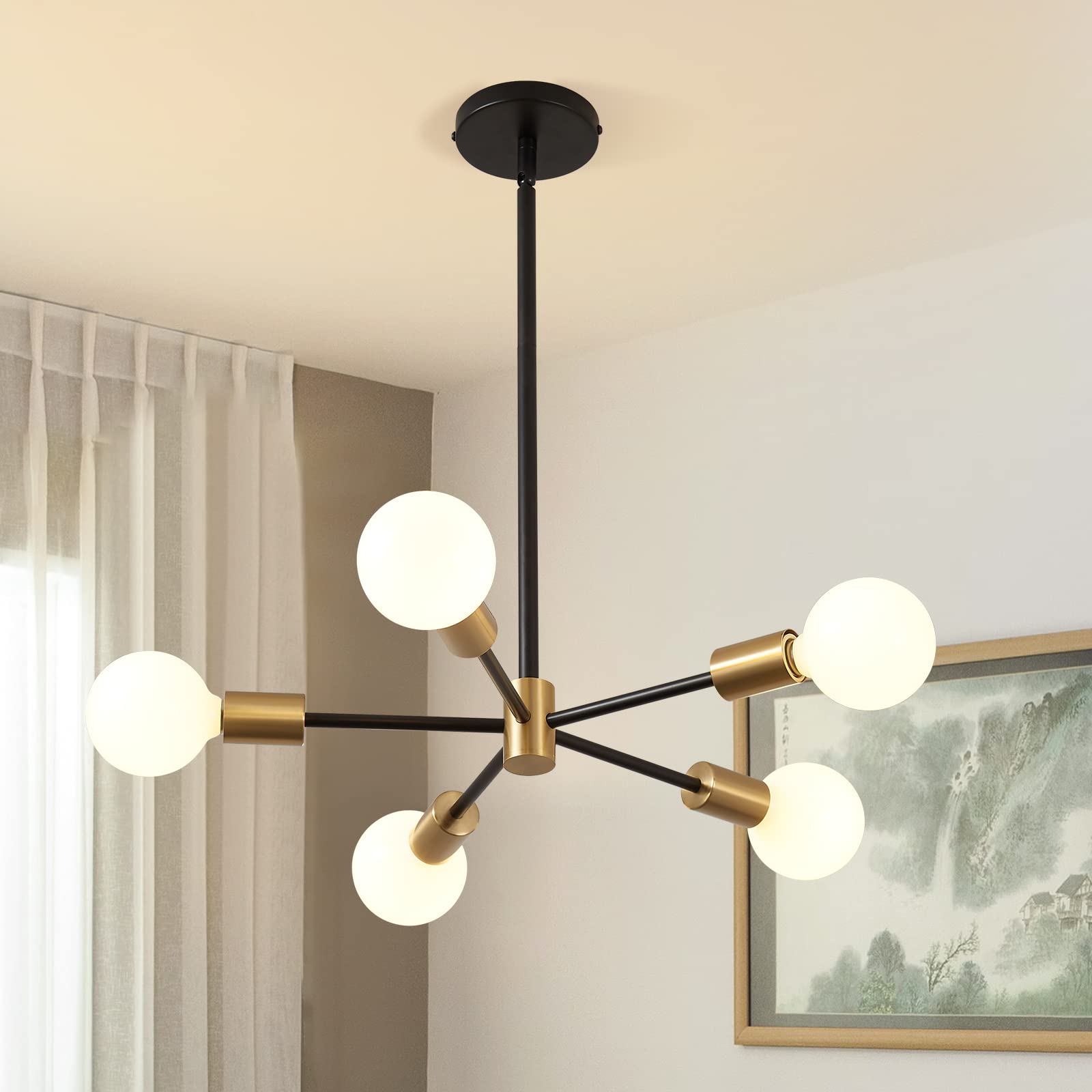 Sputnik Chandelier Modern Gold Chandelier 6-Light E26 Mid Century Ceiling Light Fixture Height Adjustable Hanging Pendant Lighting for Dining Room Kitchen Island Bedroom Office