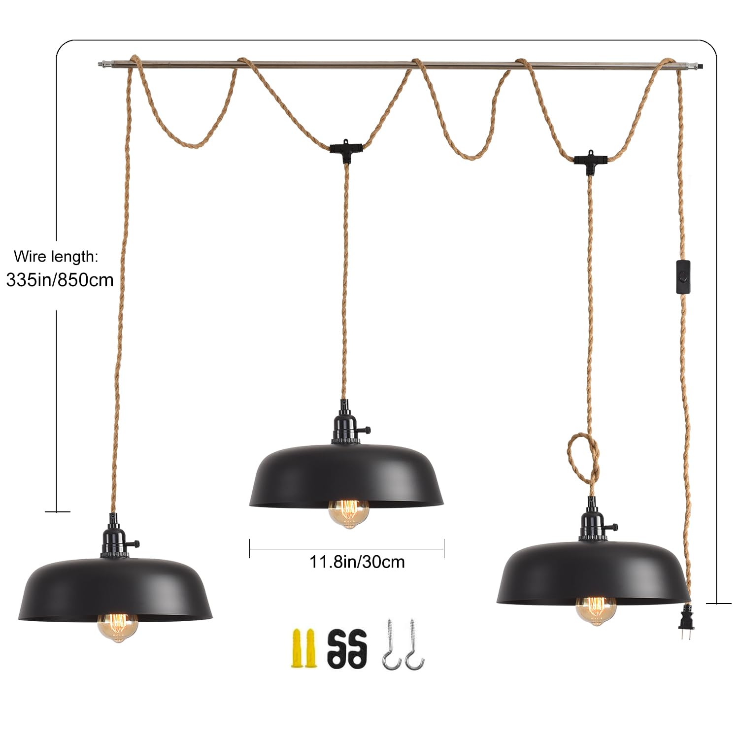 Triple Pendant Light with Plug in Pendant Light,22FT Industrial Hanging Lamp with Twisted Hemp Rope Independent Triple Switch Hanging Light Chandelier,Black Finish