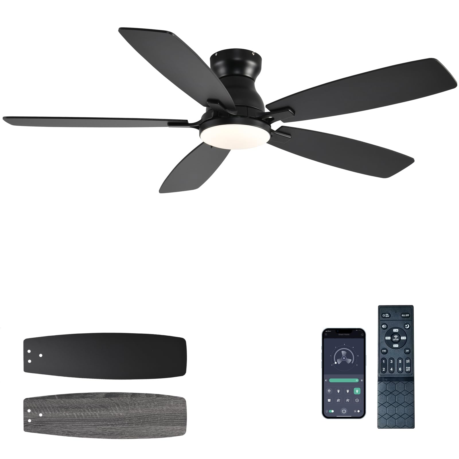 Ceiling Fans with Lights, 52 Inch Low Profile Ceiling Fan with Light and Remote Control, Flush Mount, DC Reversible Motor, Noiseless, Black 6 Speeds Ceiling Fan for Bedroom