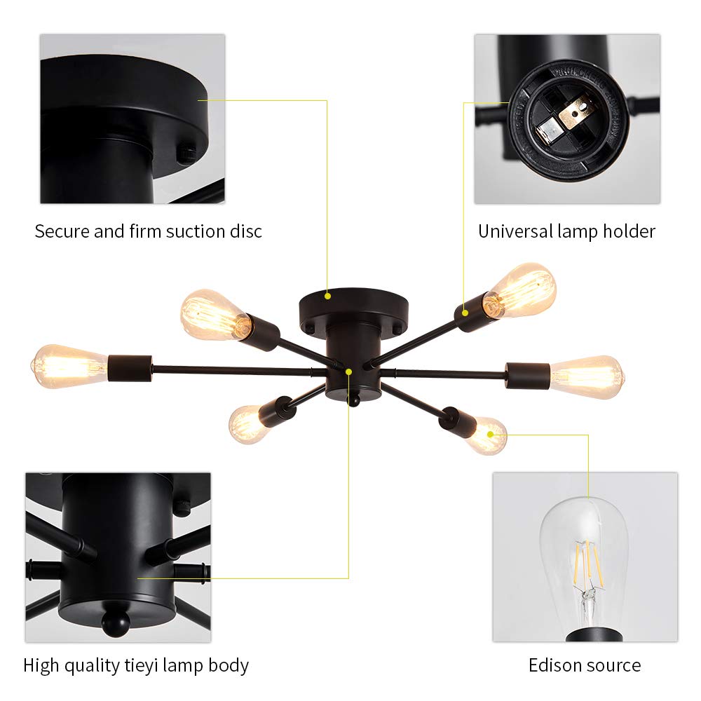 6 Lights Sputnik Semi Flush Mount Ceiling Light Matte Black Modern Edison Chandelier Industrial Close to Ceiling Light for Farmhouse Dining Room Kitchen Bedroom Living Room Study