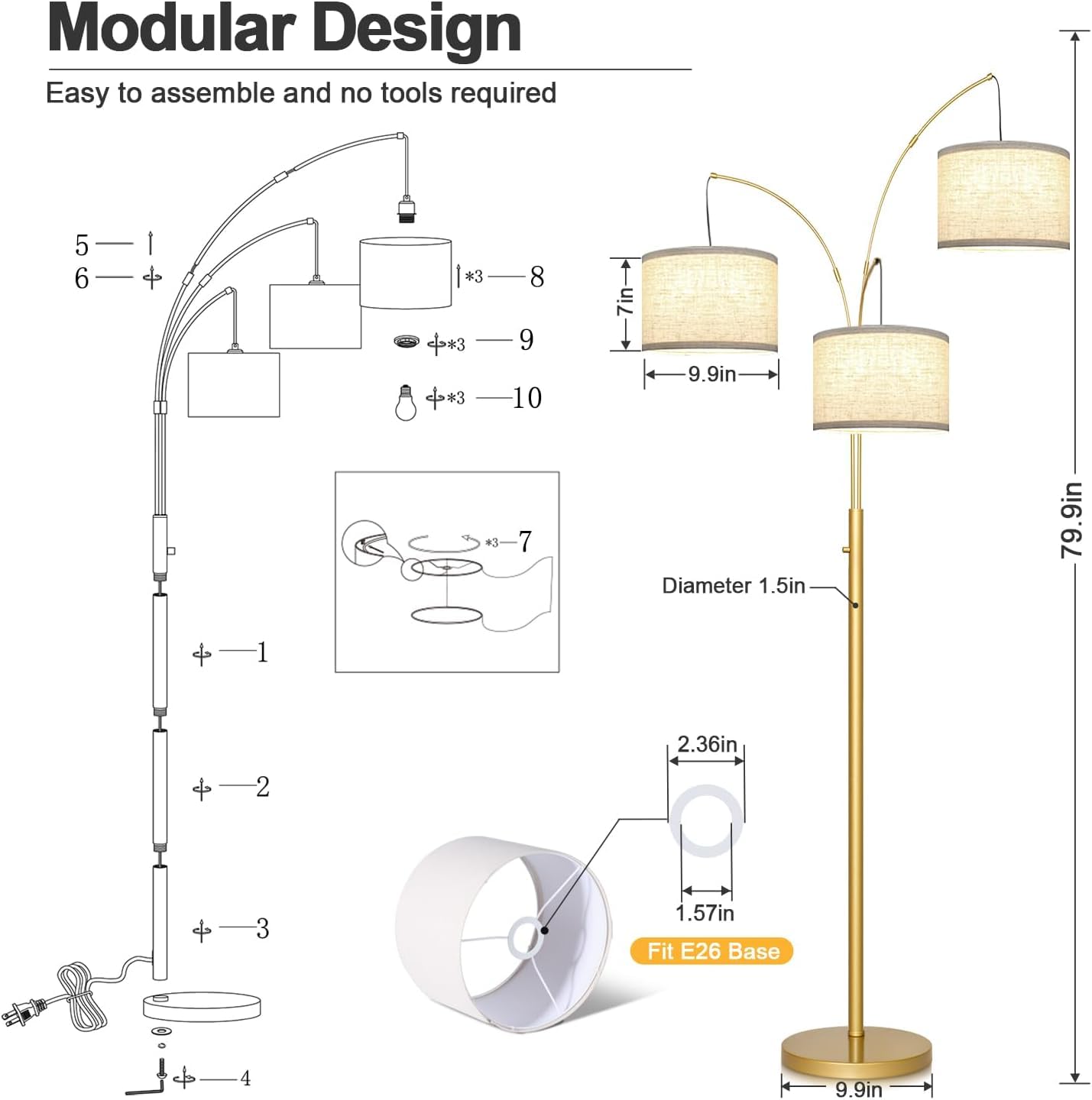 Dimmable Floor Lamp - 3 Lights Arc Floor Lamps for Living Room, 1000LM Modern Tall Standing Lamp with Beige Shades & Heavy Base, Mid Century Tree Floor Lamp for Bedroom Office, 3 LED Bulbs Included