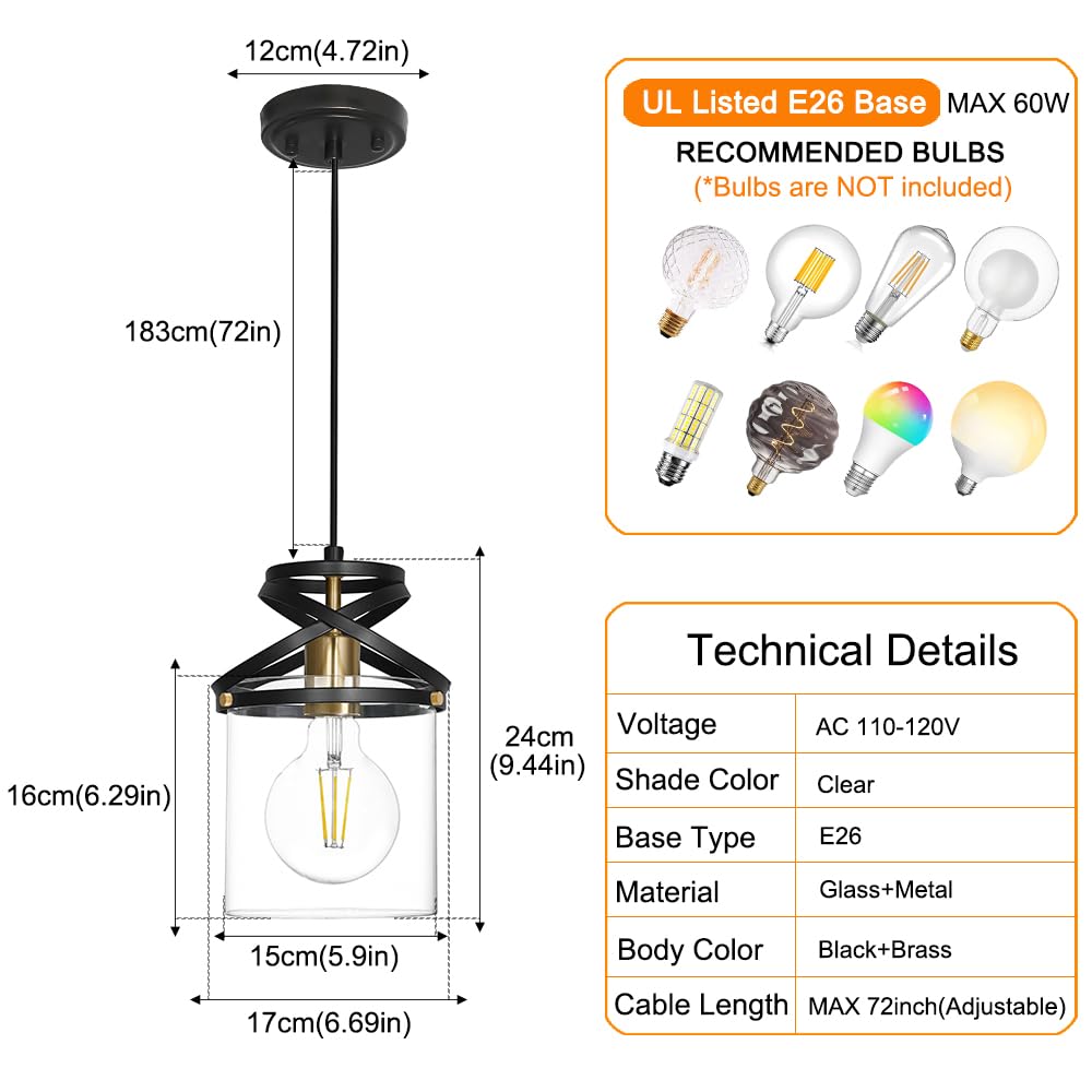 Black and Gold Pendant Light Fixture, Modern Pendant Lights Kitchen Island with Clear Glass Shade, Industrial Pendant Lighting over Island, Pendant Lamp for Dining Room Sink, 6ft Adjustable Cable