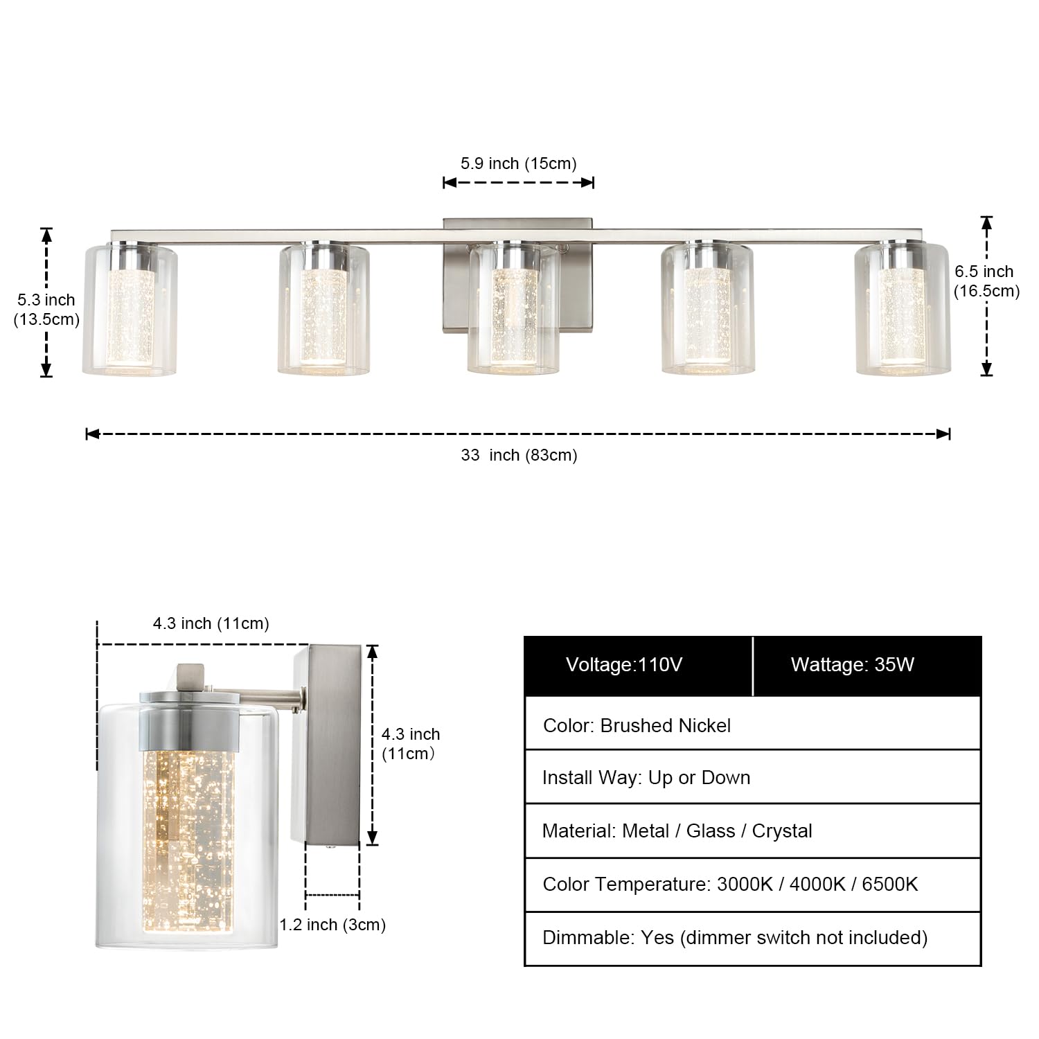 2-Light Brushed Nickel Vanity Light with 3 Color Modes (3000K/4000K/6000K), Eye Protection LED Bathroom Light Fixture, Dimmable Modern Wall Light Over Mirror with Clear Glass Shade