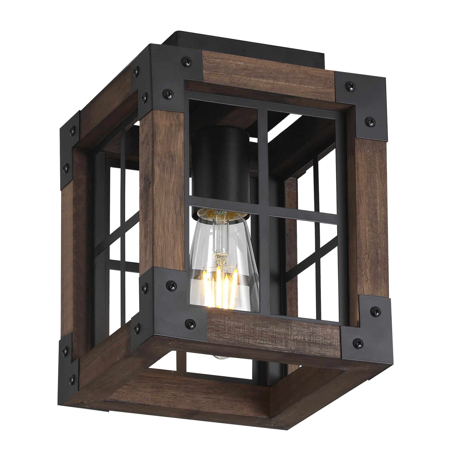 Farmhouse Ceiling Light 1 Light Wood and Metal Cage Semi Flush Mount Ceiling Light for Hallway Kitchen Sink,industrial Ceiling Light E26 Base.