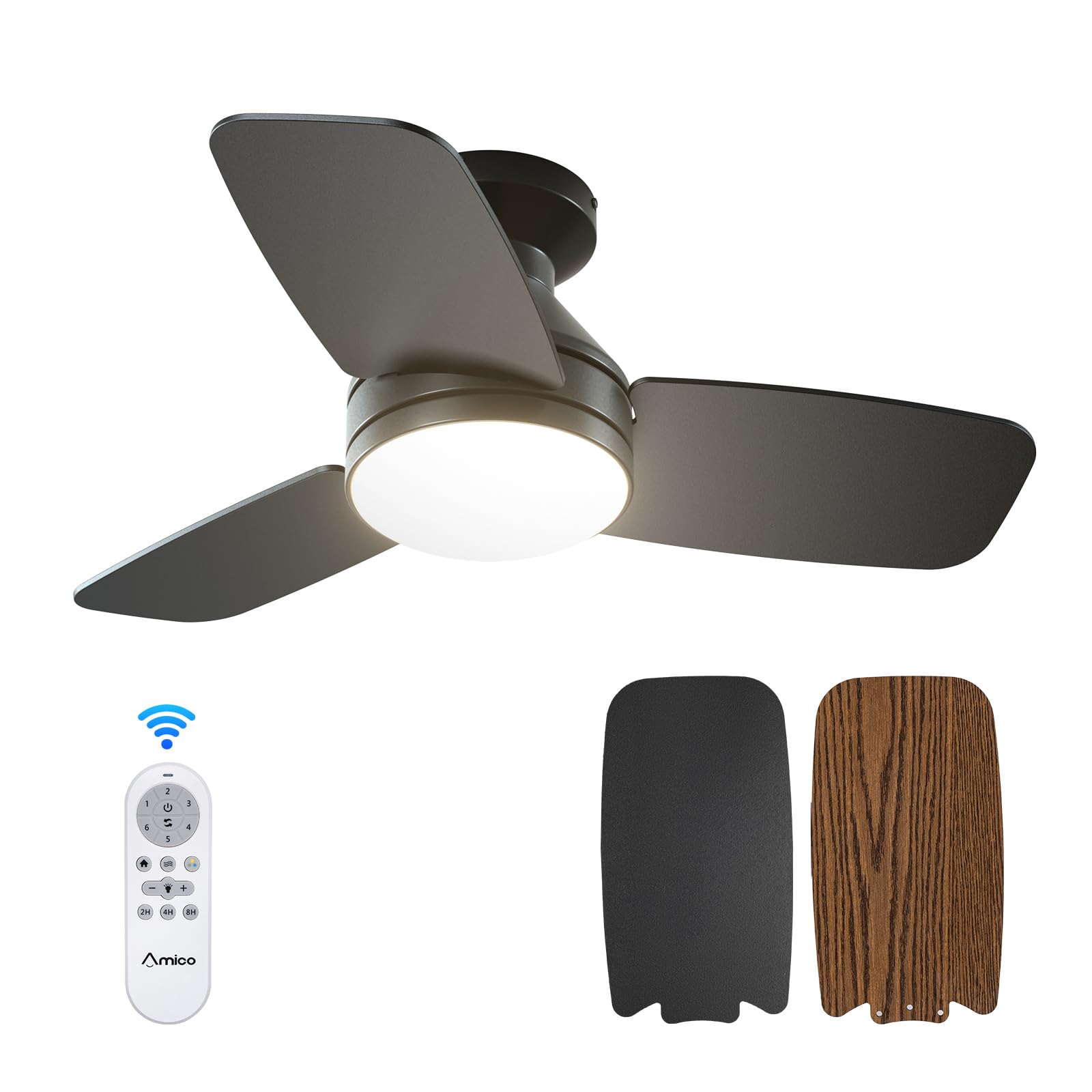 Ceiling Fans with Lights, 42 inch Low Profile Ceiling Fan with Light and Remote Control, Flush Mount, Reversible, 3CCT, Dimmable, Noiseless, Black Ceiling Fan for Bedroom, Indoor/Outdoor Use