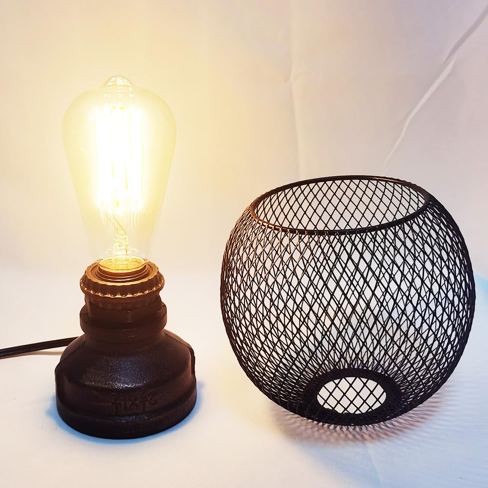 Industrial Table Lamp, Vintage Rustic Bedside Edison Desk Lamp Metal Cage Steampunk Nightstand Lamp for Living Room,Bedroom or Den (with Light cage)