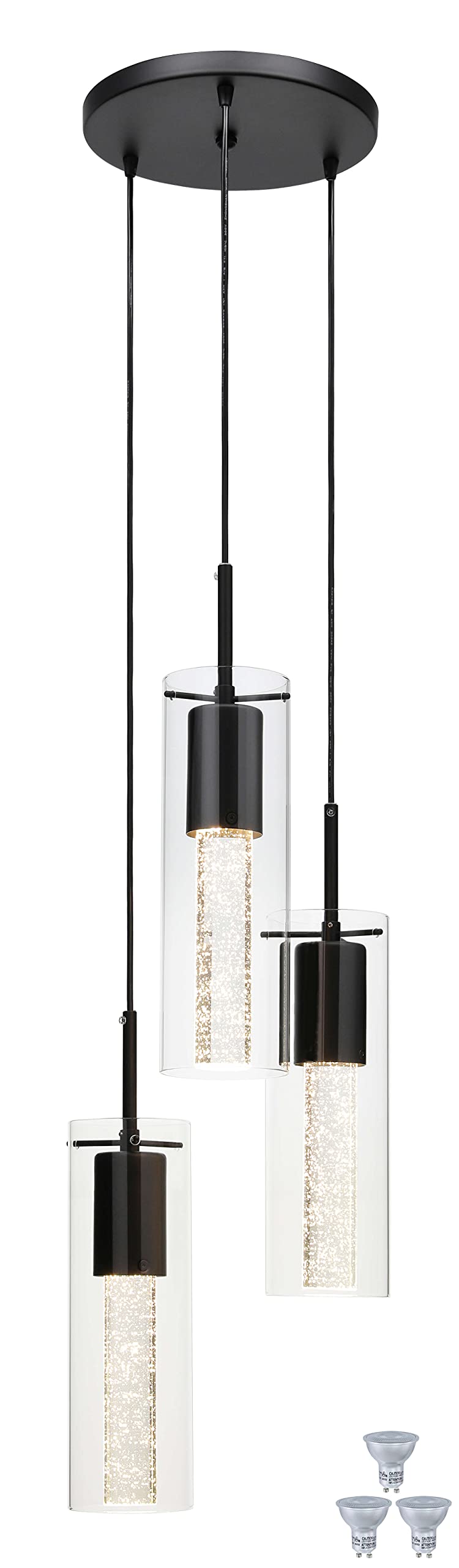 XiNBEi Lighting Pendant Light, Modern 3 Light Cluster Kitchen Island Pendant Lighting with LED Bulb & Bubble Crystal, Matte Black Finish XB-P1110-3-MB